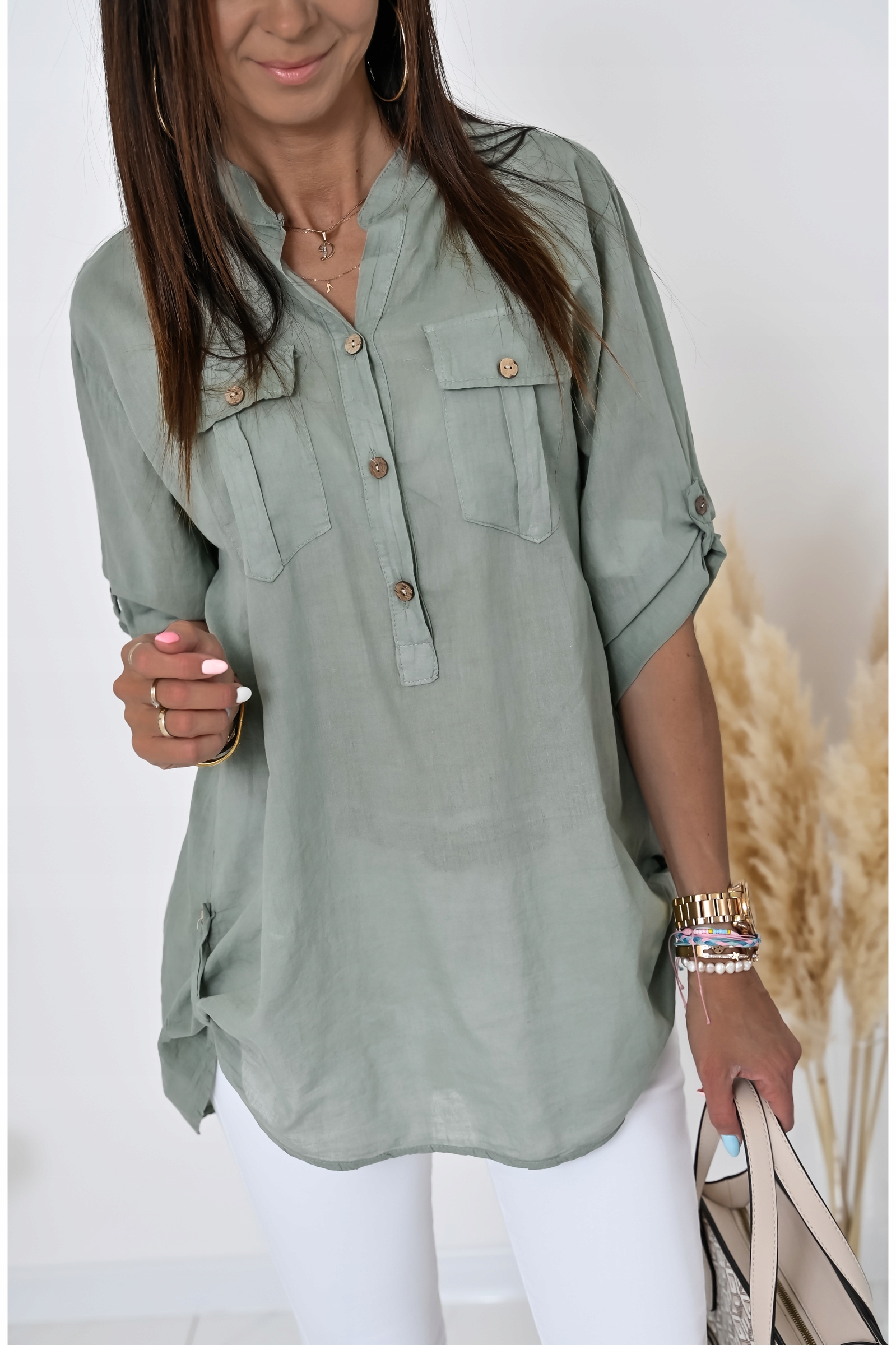 LEKKA ROZPINANA DO POŁOWY KOSZULA ALLORA! WZ.1 Dekolt stójka