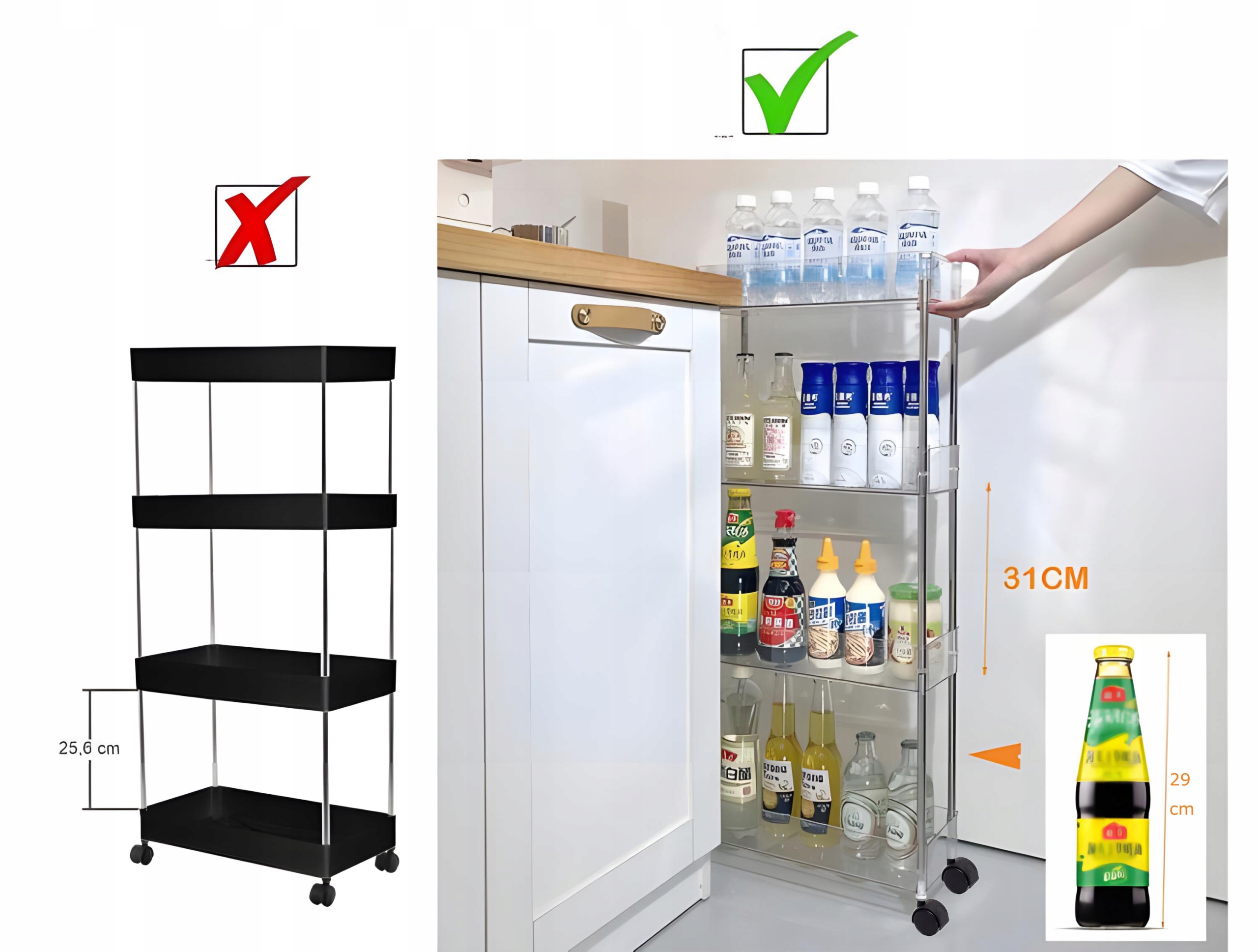 PÓŁKA ŁAZIENKOWA NA KÓŁKACH WĄSKA KUCHENNA SZAFKA ORGANIZER REGAŁ 9cm3PÓŁKI Wykończenie przezroczyste