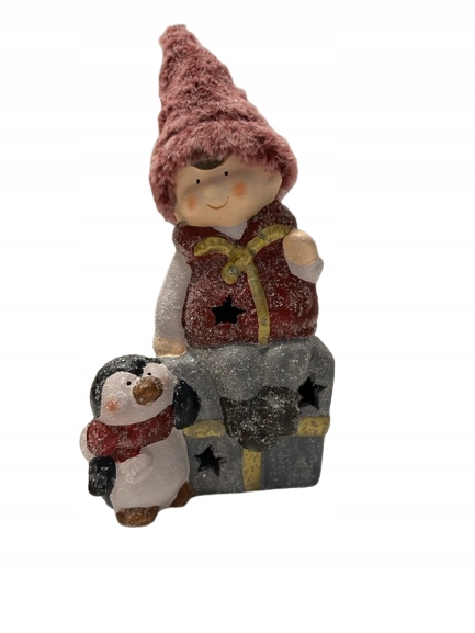 figurka dziewczynka  chłopak z liskiem i pingwinkiem  na prezencie led 19,5cm — 5