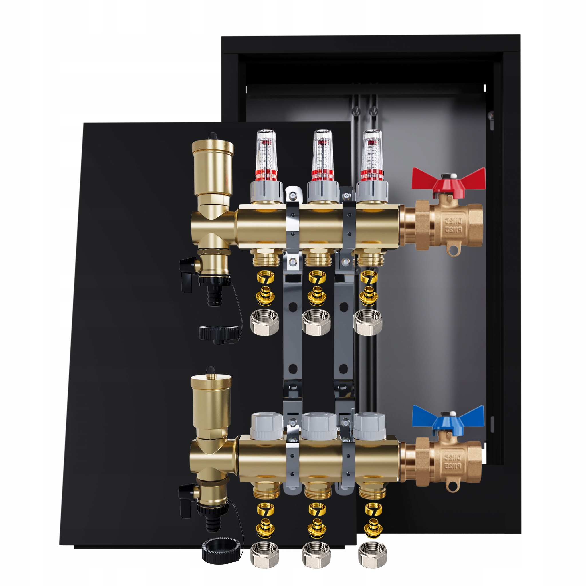 Rozdělovač mosazný podlahový 3 okruhy skříňka jednoduchý ventil Pex