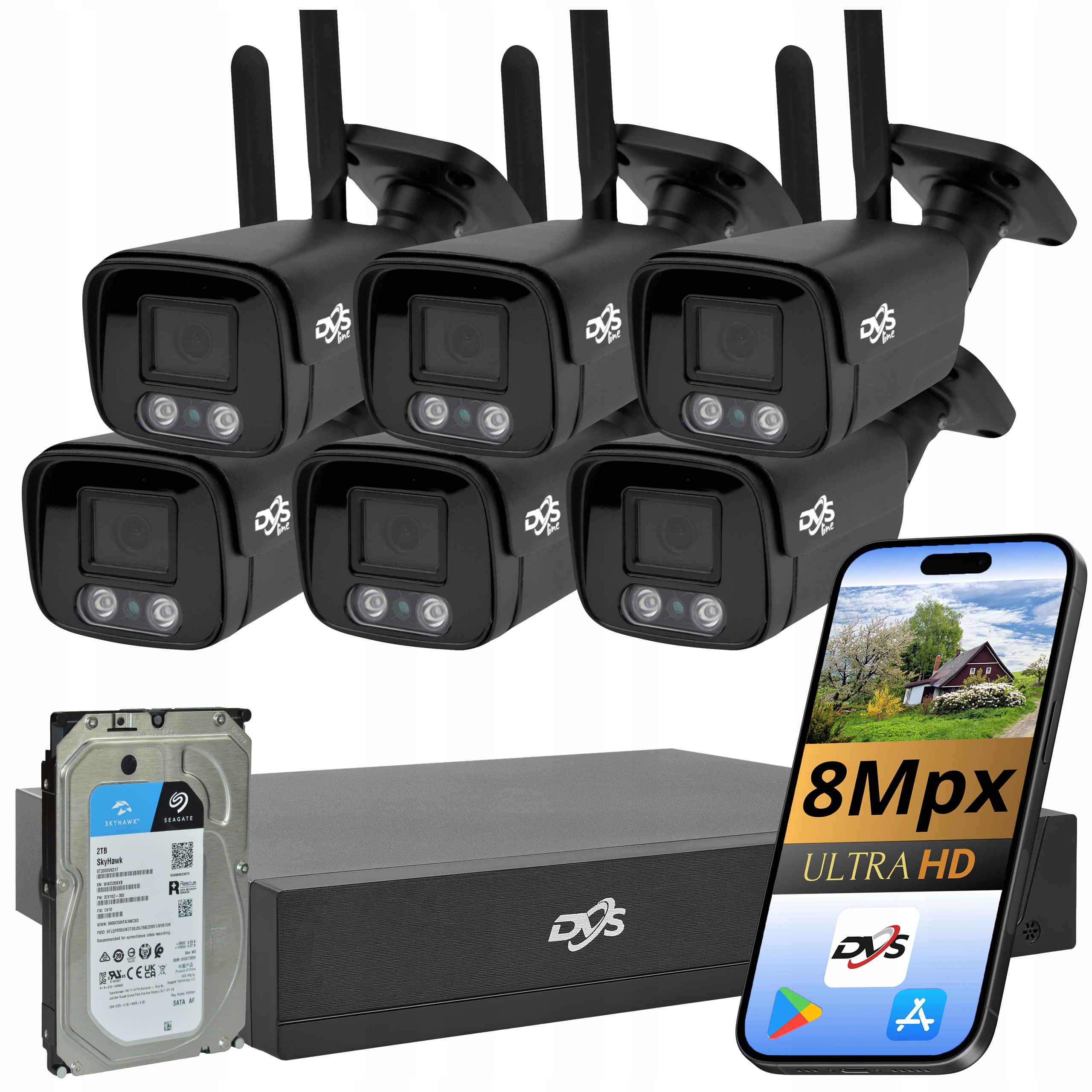 Venkovní Sada Monitorovacích Kamer 6x Černá Kamera Wifi 4K Ultrahd 8Mpx