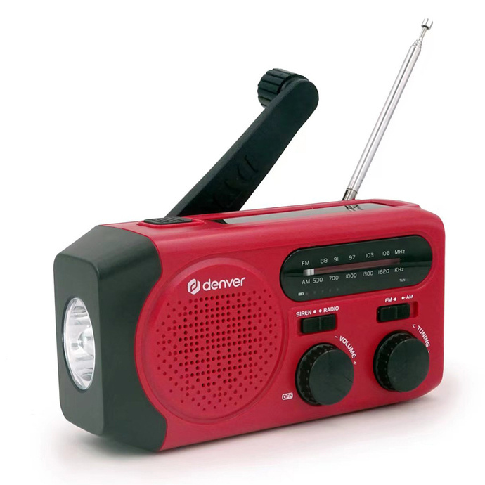 Przenośne radio solarne Denver SCR-2010 z korbką i latarką czerwone