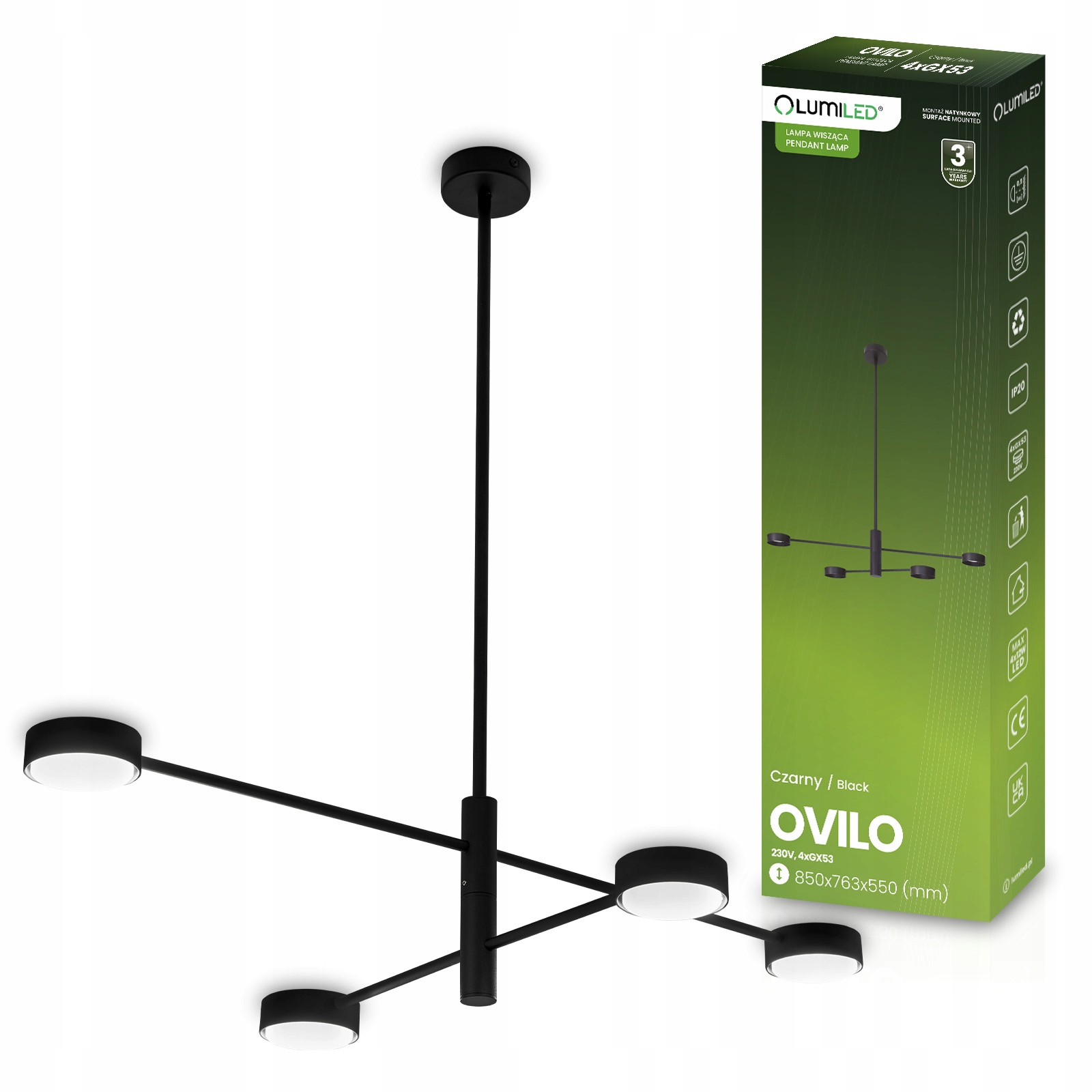 Lampa Wisząca Oprawa Sufitowa Led 4x GX53 Natynkowa Ścienna Czarna Lumiled