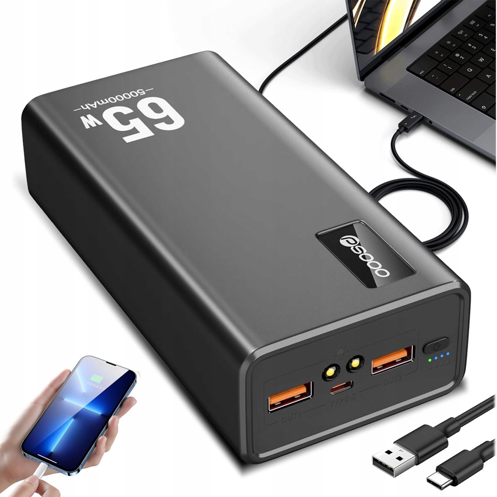 Powerbanka 50000MAH 3-PORTOVÁ Usb-c 65W Rychlé Nabíjení Notebooku Led Svítilna