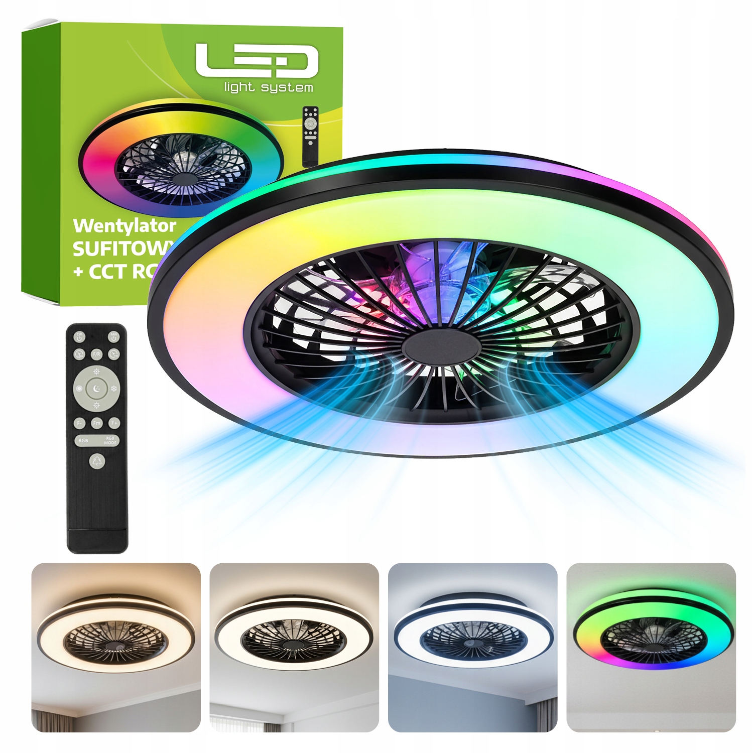 Plafon z wentylatorem i pilotem wiatrak sufitowa Led 48W 3CCT+RGB