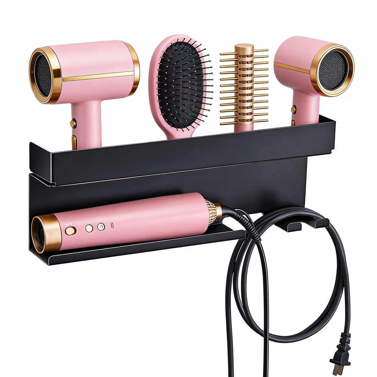 Nástěnný držák na fén a žehličku na vlasy, černý, koupelnový