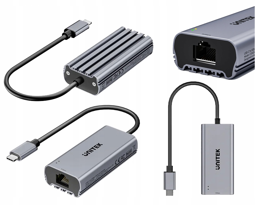 Unitek U1343AGY01 Aluminiowy adapter Usb-c do RJ45 5Gbps Diody Led