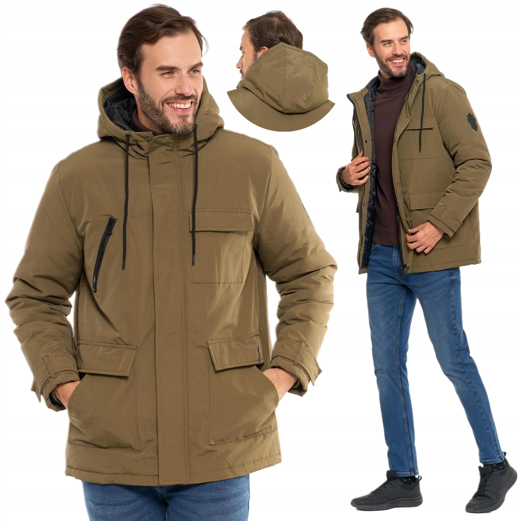 Pánská bunda s kapucí a kapsami Zimní khaki vel. M