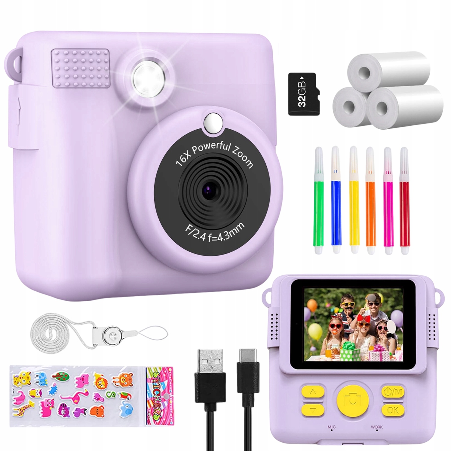 Kamera Fotoaparát Pro Děti Okamžitý Tisk 32GB Dárek