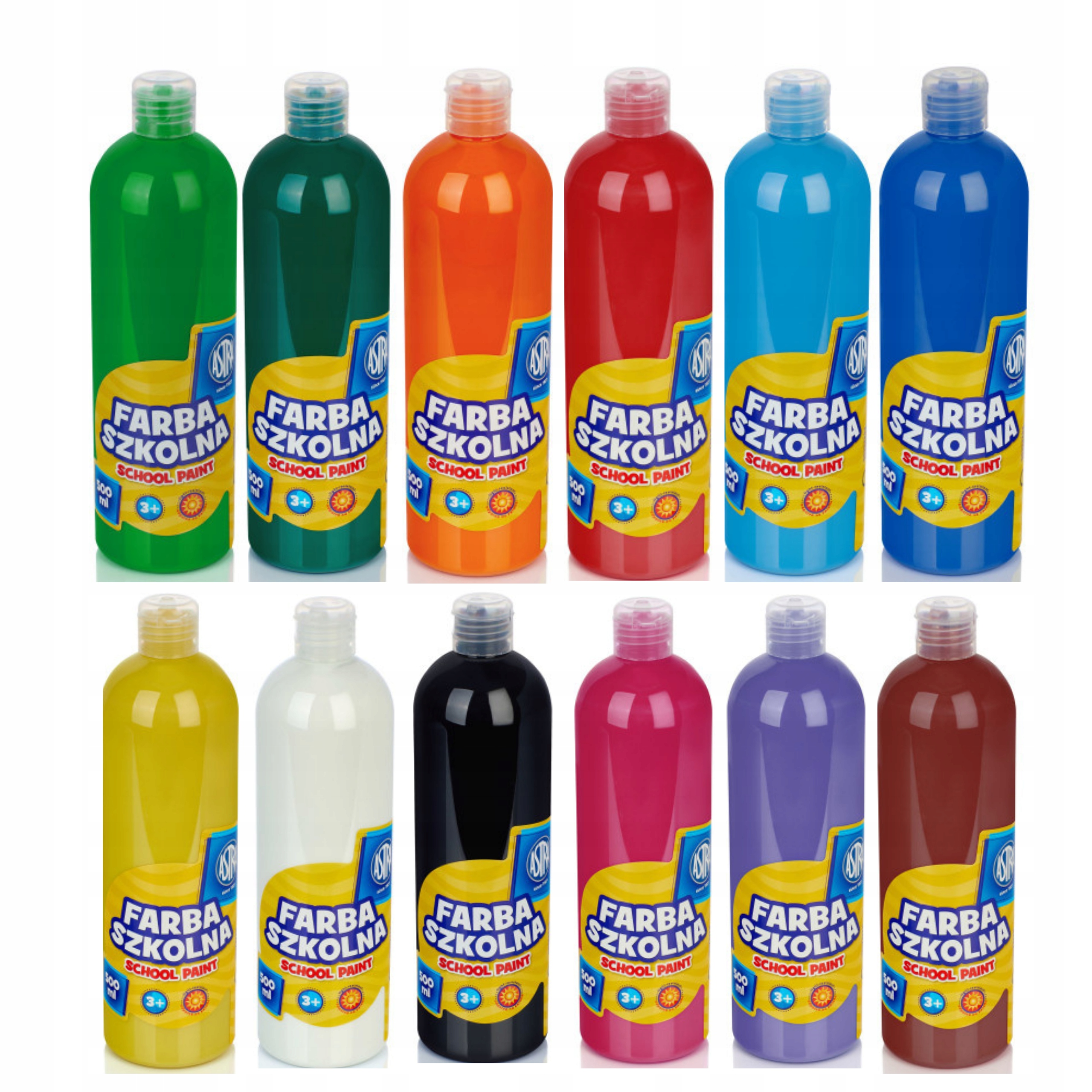 12 BUTELEK FARBA PLAKATOWA 500 ML 12 kolorów ASTRA
