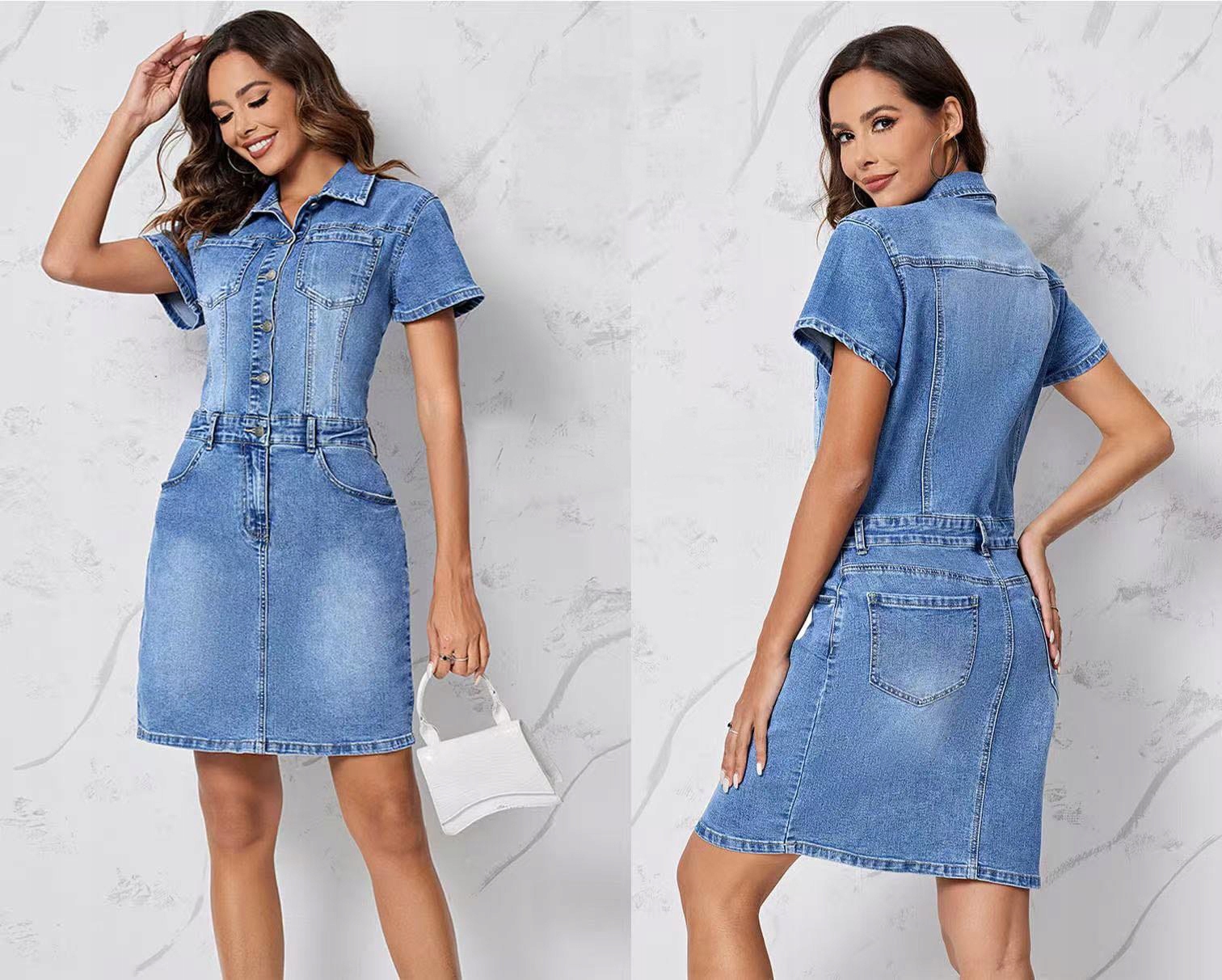 Dopasowana Sukienka Jeansowa Kołnierzyk Guziki Kieszenie Jeans Duży Rozmiar