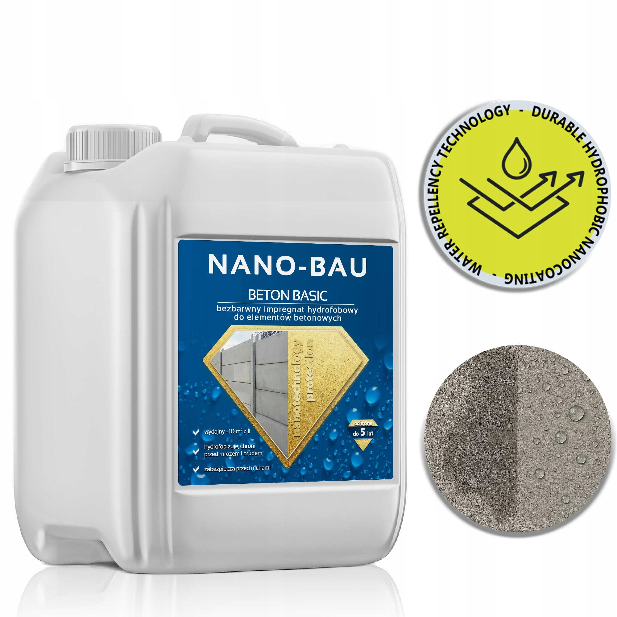Bezbarwny Hydrofobowy Nano impregnat do Betonu Nanobau basic 10L=100m2 5lat