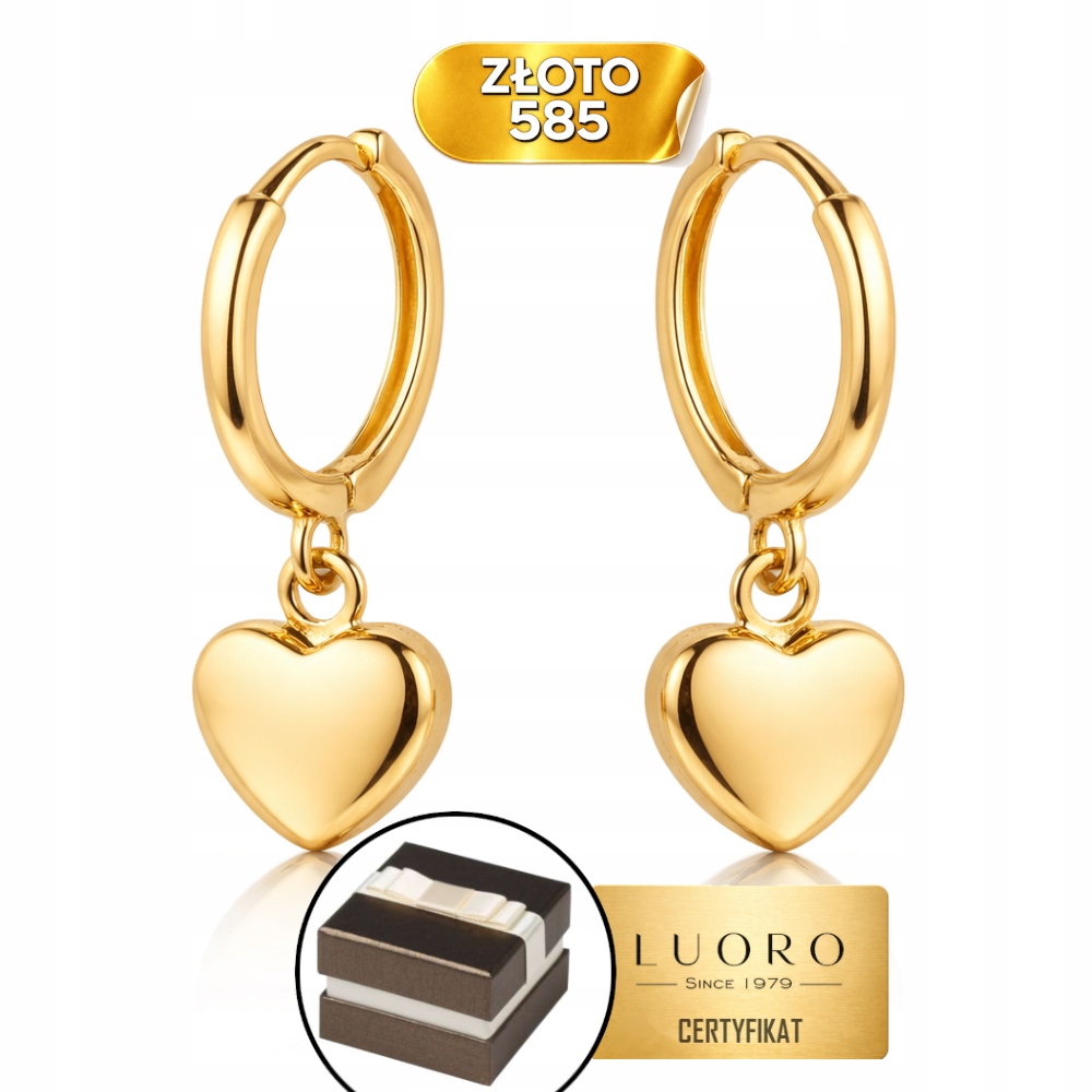 Náušnice Zlaté 585 14K Srdce Zavěšené Na Kroužku 20 MM Elegantní