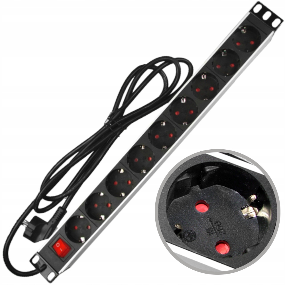 Listwa zasilająca do szaf Rack 19'' 1U 9 gniazd Schuko wyłącznik 2m kabla