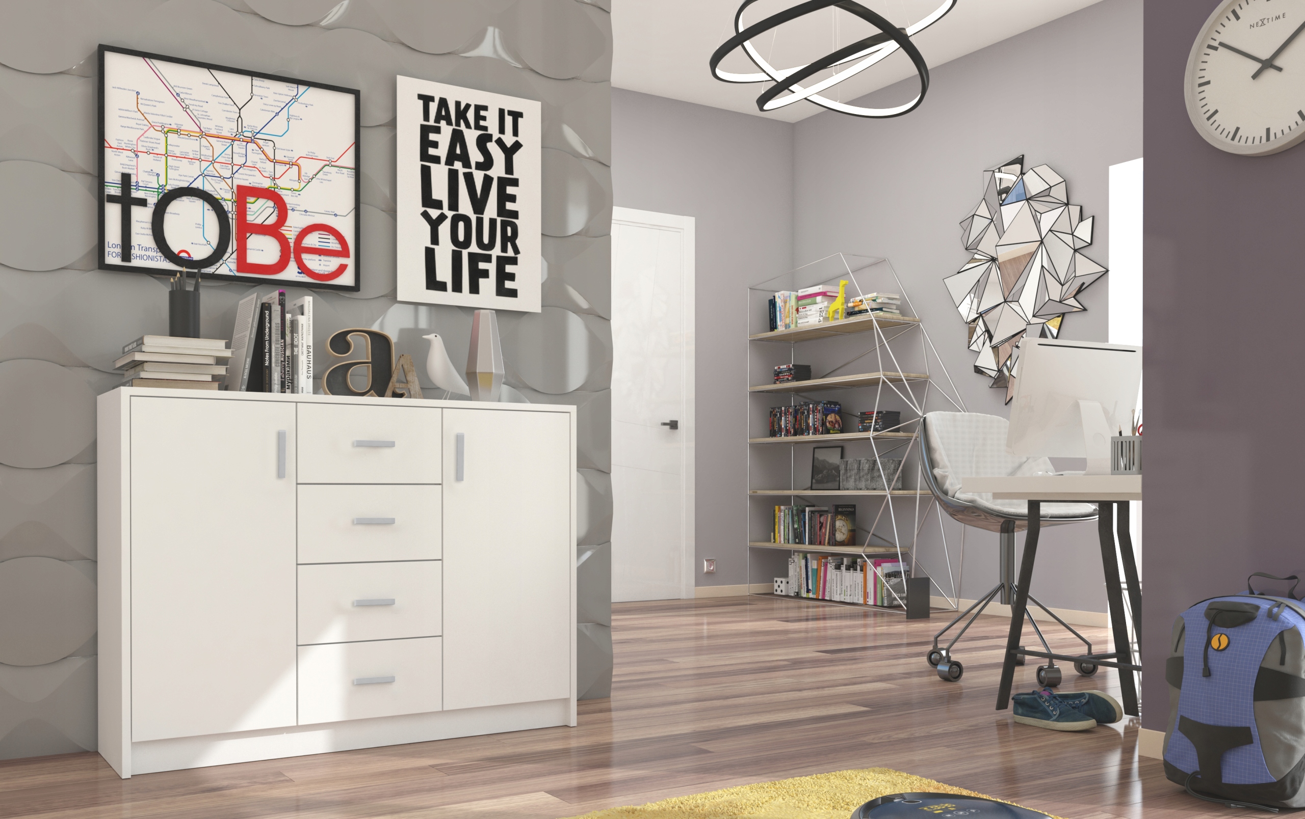 KOMODA 110CM SZAFKA 4 SZUFLADY 2 PÓŁKI BIAŁA U1