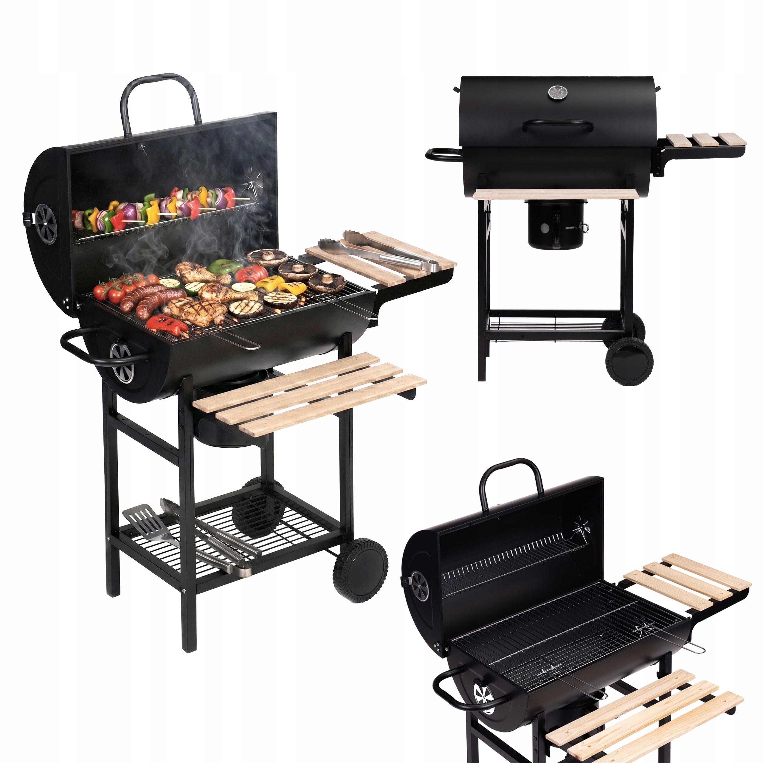 Zahradní gril na uhlí s víkem a popelníkem, dřevěné police