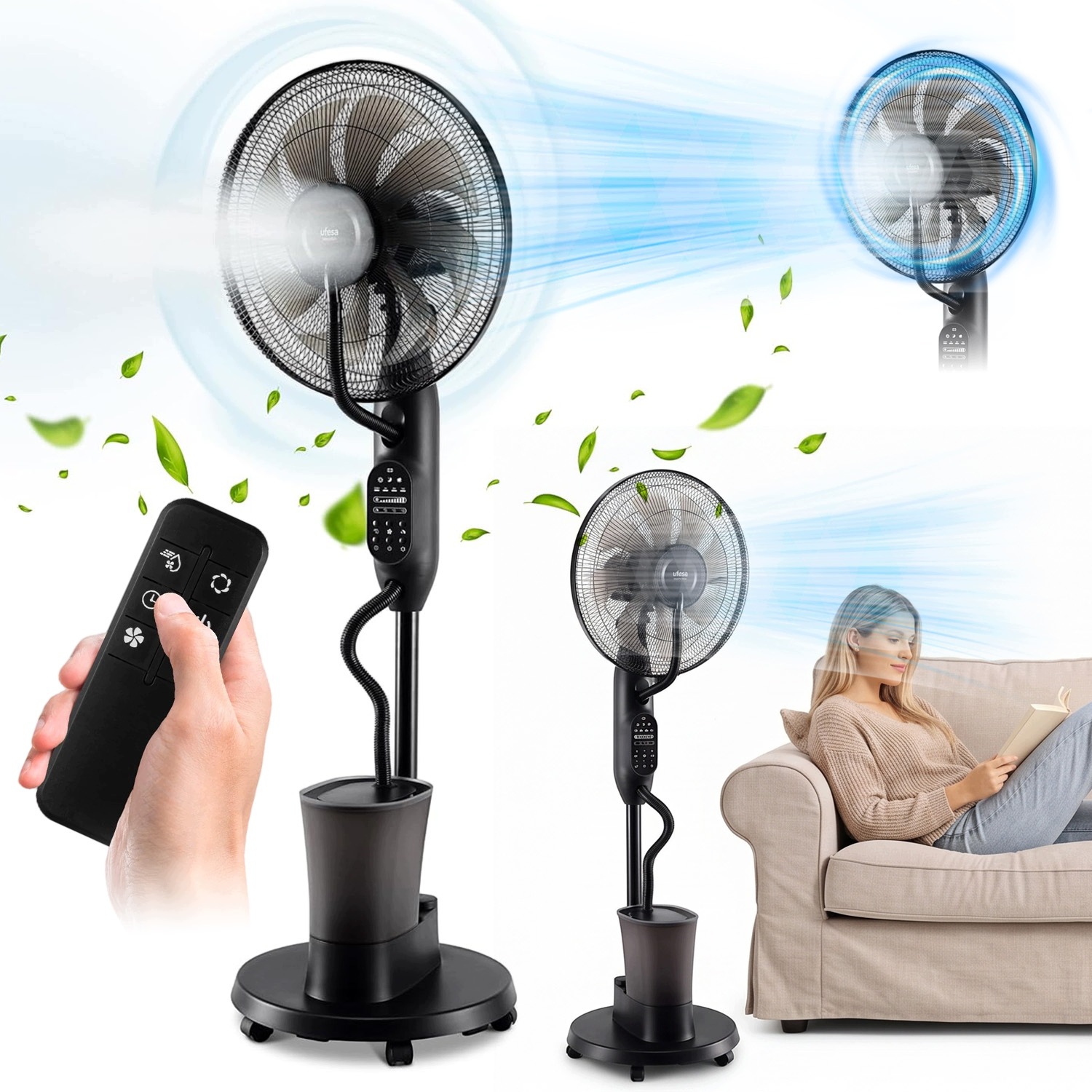 Podlahový Ventilátor S Mlhou 75 W 16 Palců Dálkový Ovladač 9 Rychlostí Černý