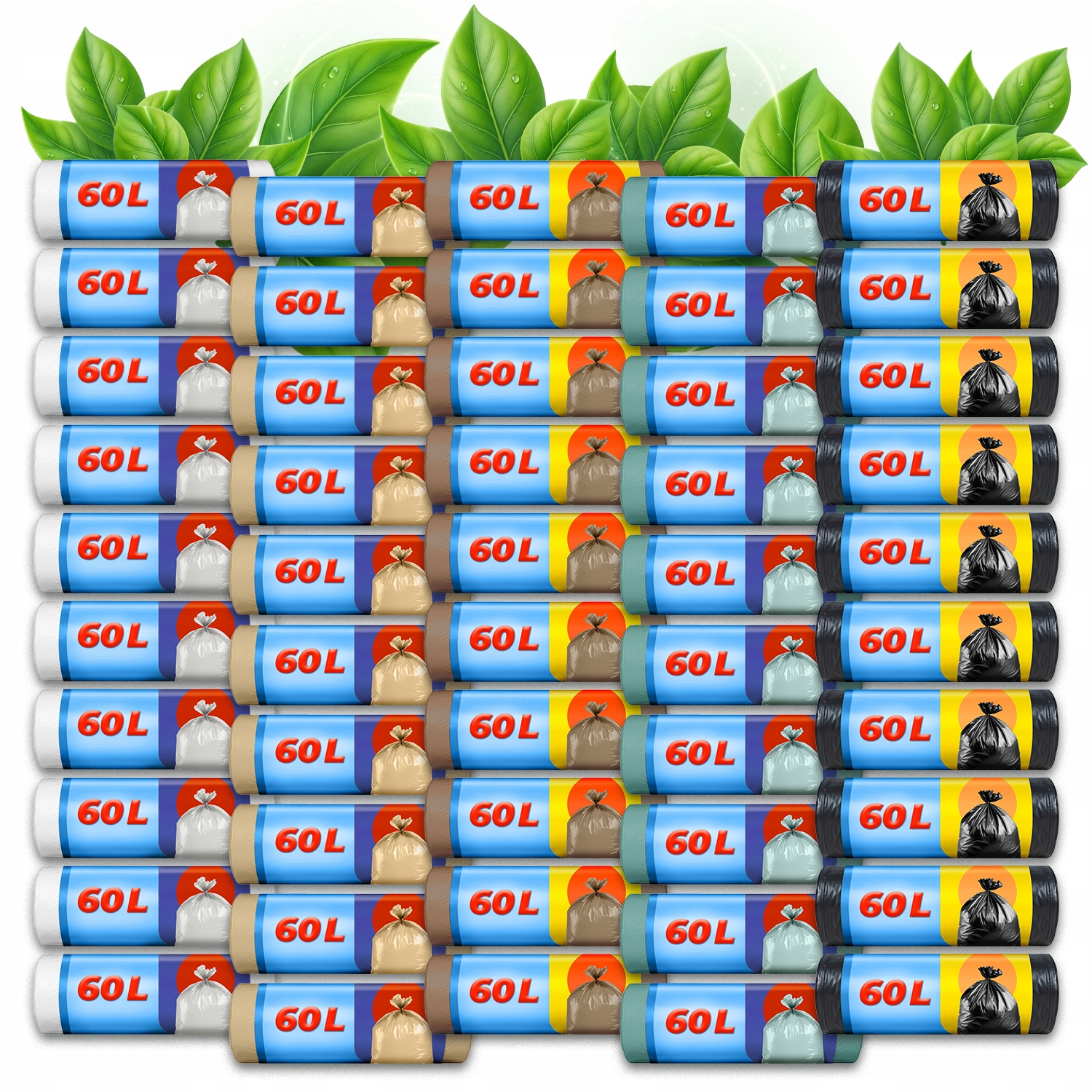 Pytle Na Odpadky 60L 500 Kusů MIX Barev Klasické Silné 50 Rolí