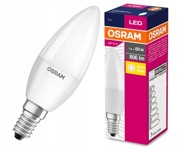 ŻARÓWKA ŹRÓDŁO LED ŚWIECZKA E14 7W = 60W B35 6000K OSRAM