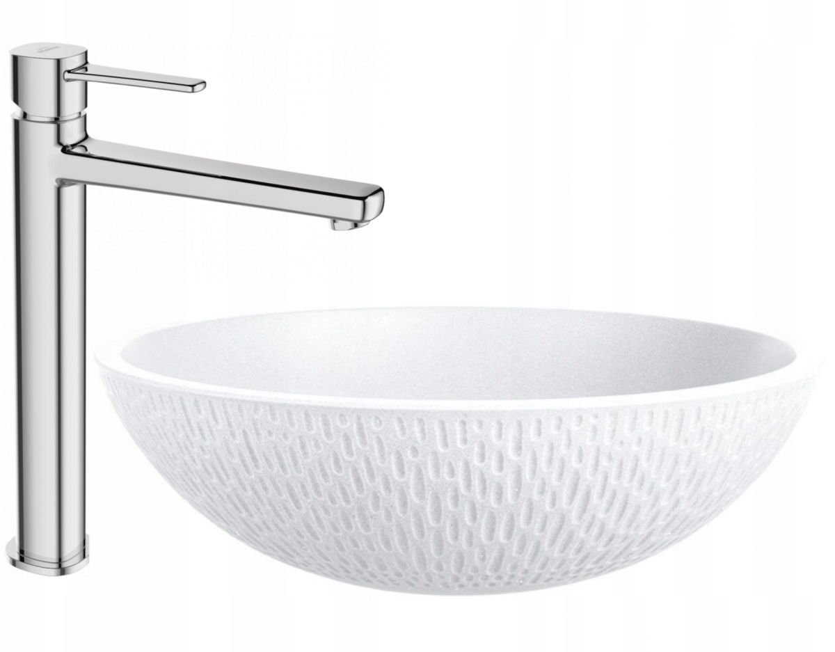 Umywalka nablatowa granitowa Amber 41 cm Laveo biała zestaw z baterią