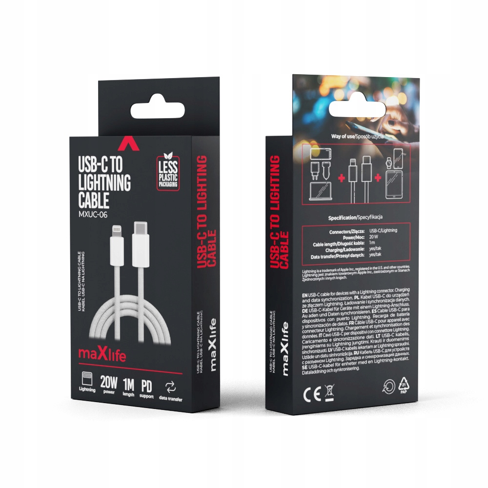 Maxlife kabel Mxuc- 06 Usb- C Lightning 1,0 m 20W szary nylonowy Maxlife