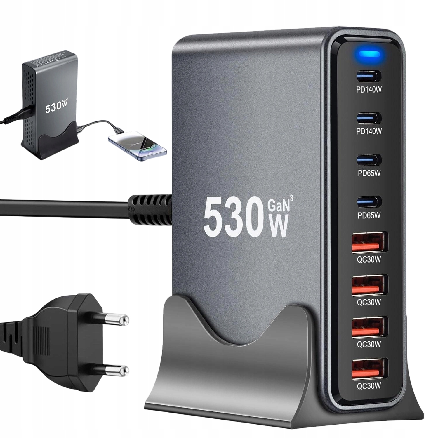 Ładowarka Wieloportowa Gan III 530W 8 Portów Szybkie Ładowanie Pd Qc Eu