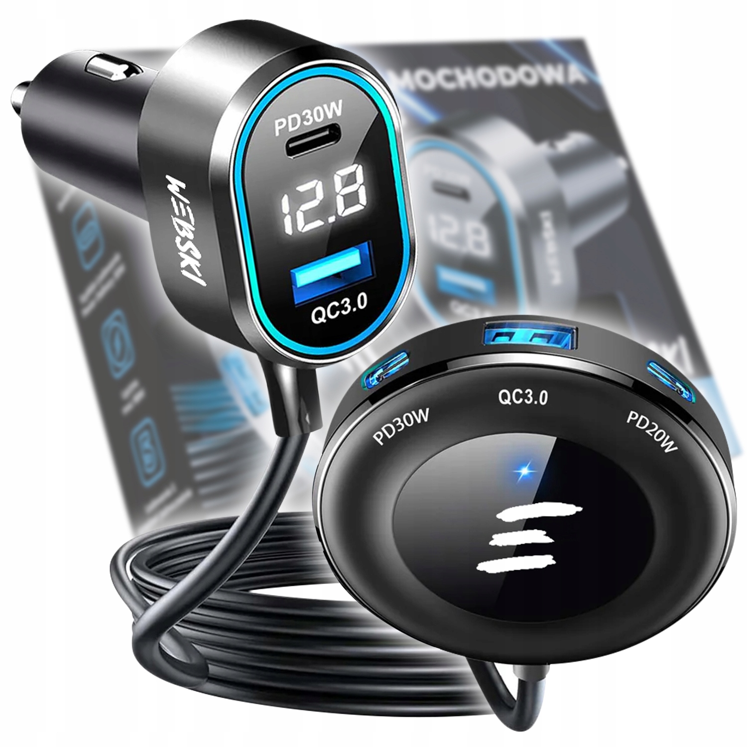 Extra Silná Automobilová S Držákem Na Sedadlo 98W 2xUSB 3xUSB-C LCD