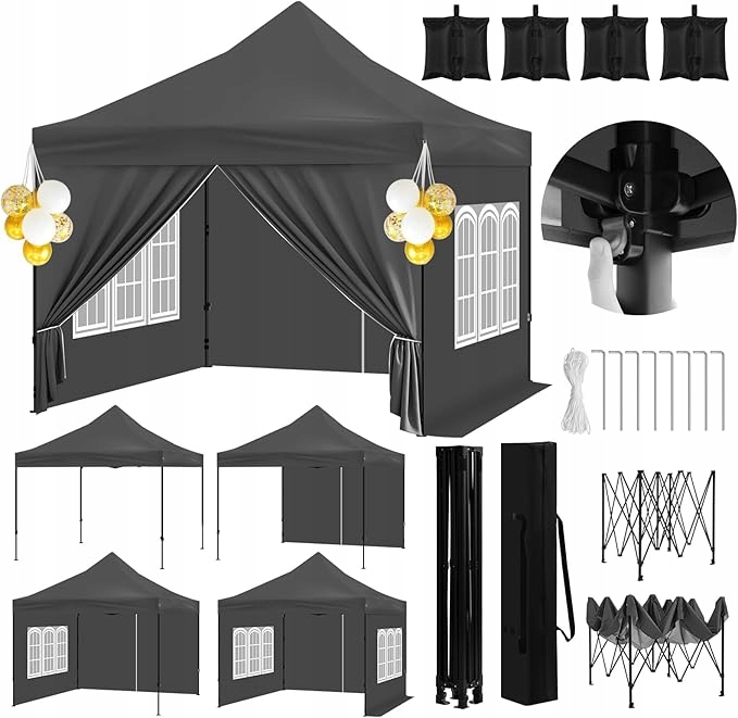 Párty stan s bočnými stenami 6x3 metre s oknami, sivý