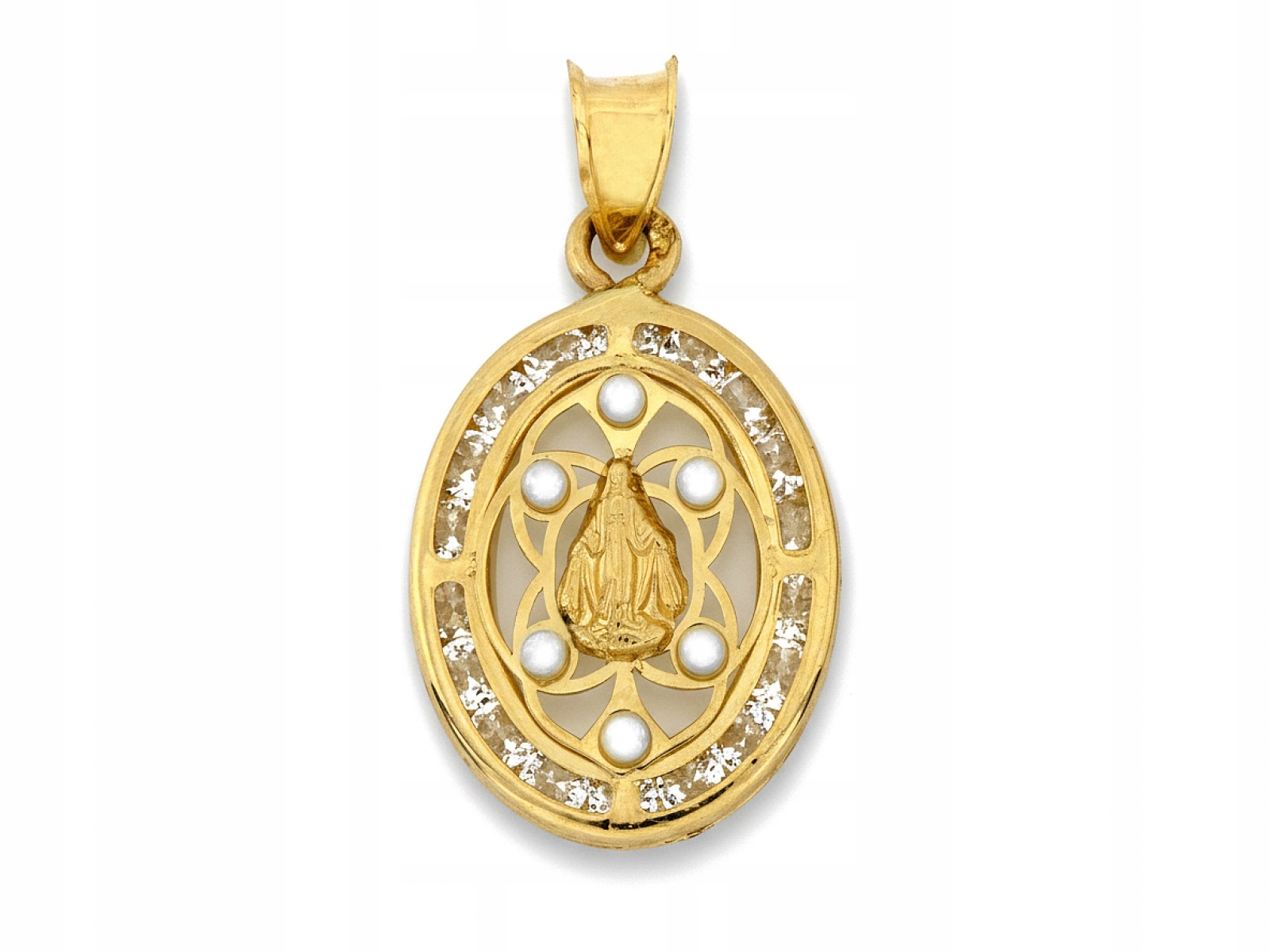 Zlatý medailonek 585 oválný Matka Boží Neposkvrněné perly zirkony 1.15 g