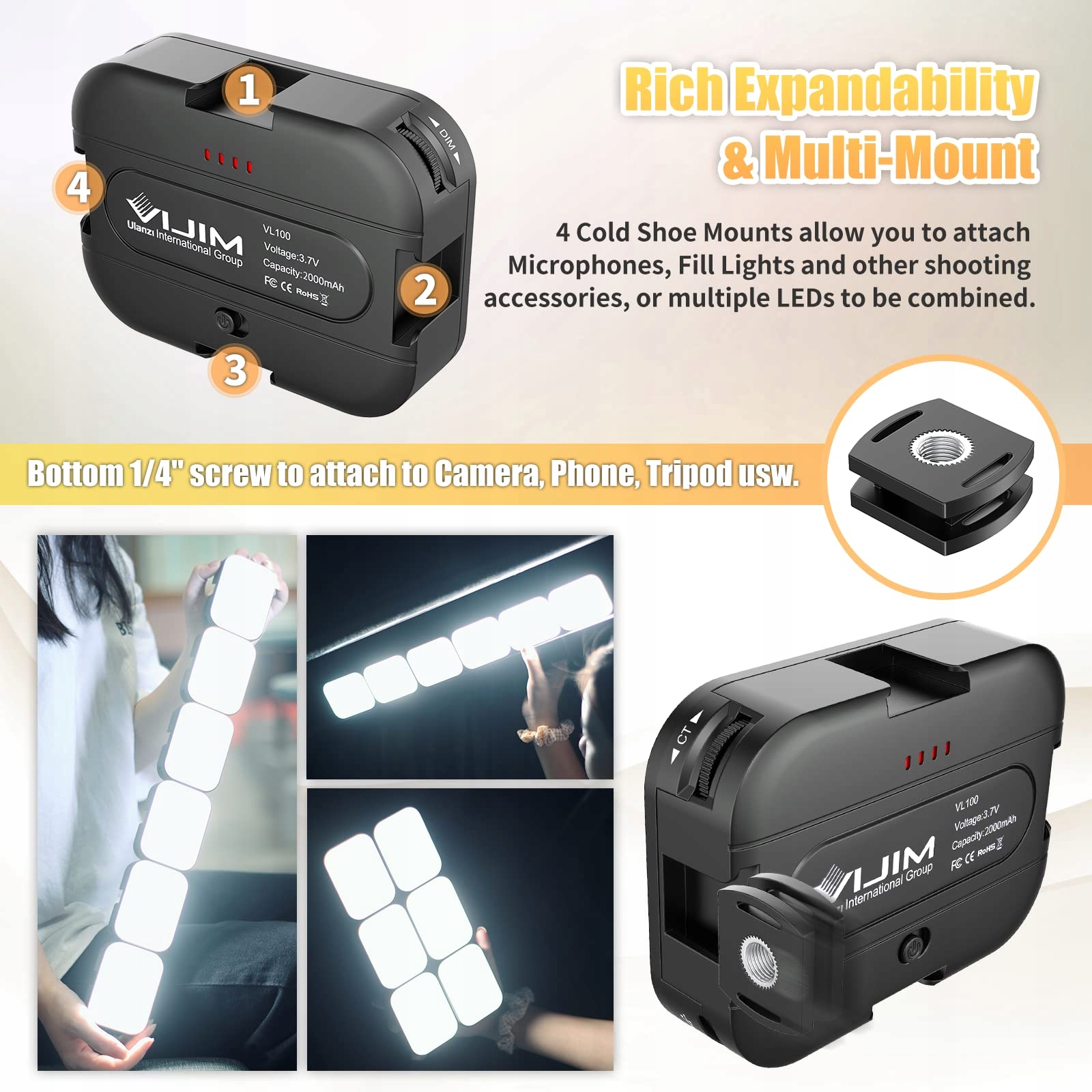 ULANZI VL100C LED Światło Kamerowe 2000mAh CRI95+ 2500K-6500K USB-C — miniatura 3