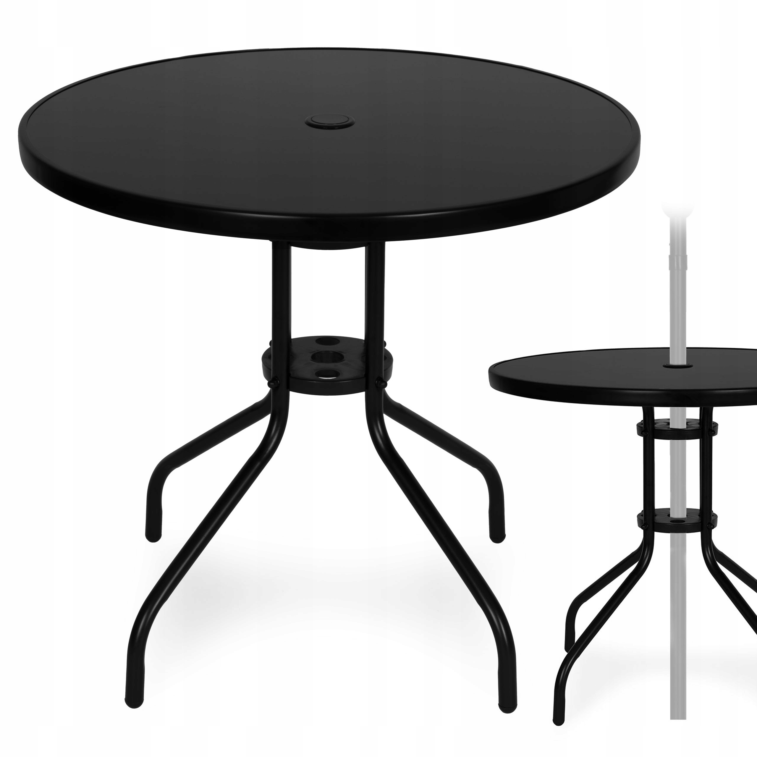 Zahradní kulatý stůl 80 cm, tvrzené sklo, otvor pro slunečník, černý