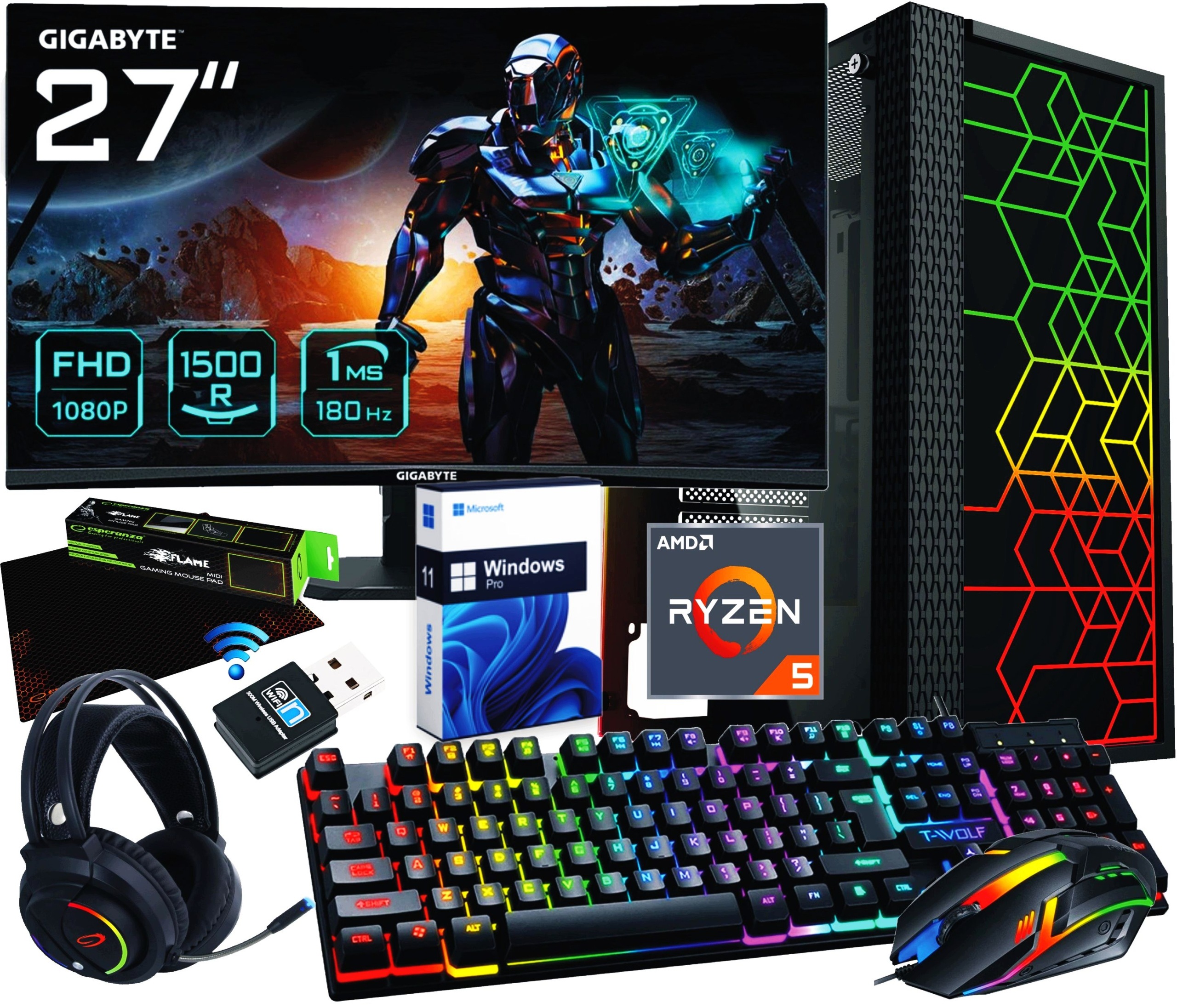 Set Herný počítač Ryzen 5|Radeon Rx |16GB|SSD M2|LED 27 |Win 11