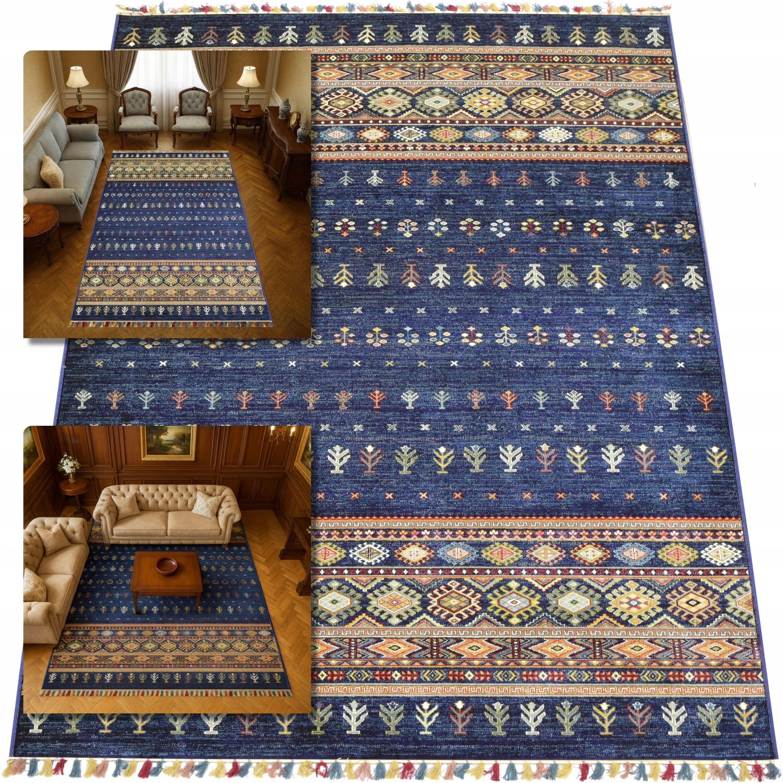 Orientální Koberec 140x200 Viskóza Tmavě Modrá Koberec Vintage Do Obývacího Pokoje Lesklá