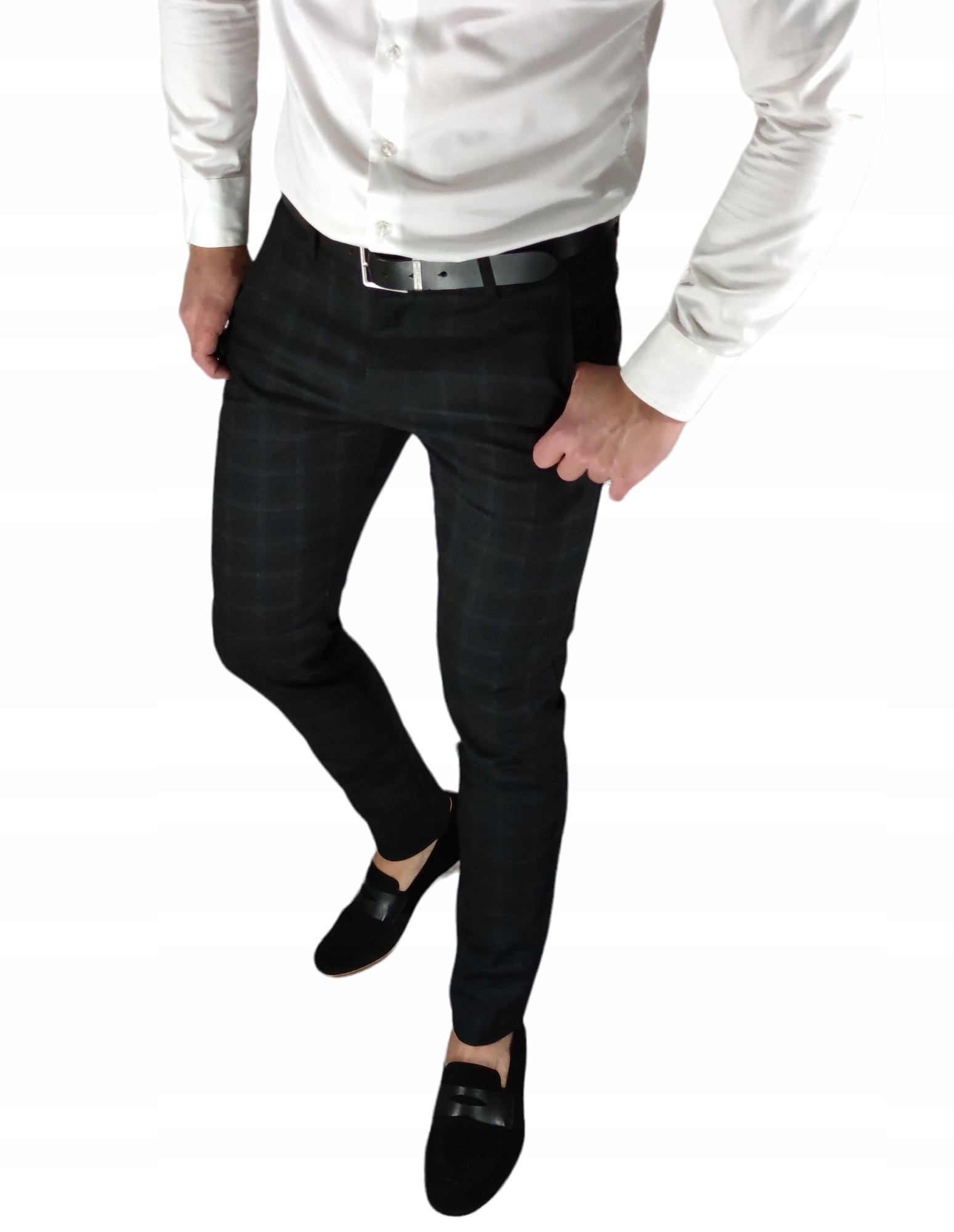 Návštěvní kalhoty slim, černé, modrá kostkovaná barva VP20 W36