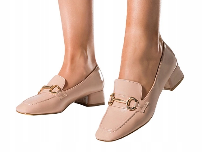 BEŻOWE MOKASYNY NA OBCASIE KLOCKU OZDOBNA SPRZĄCZKA LEKKIE PÓŁBUTY r 39