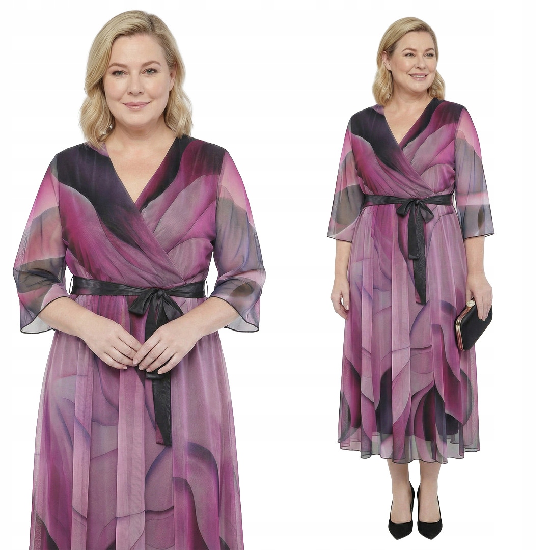 Šifonová fialová šaty s páskem plus size, velikost 54