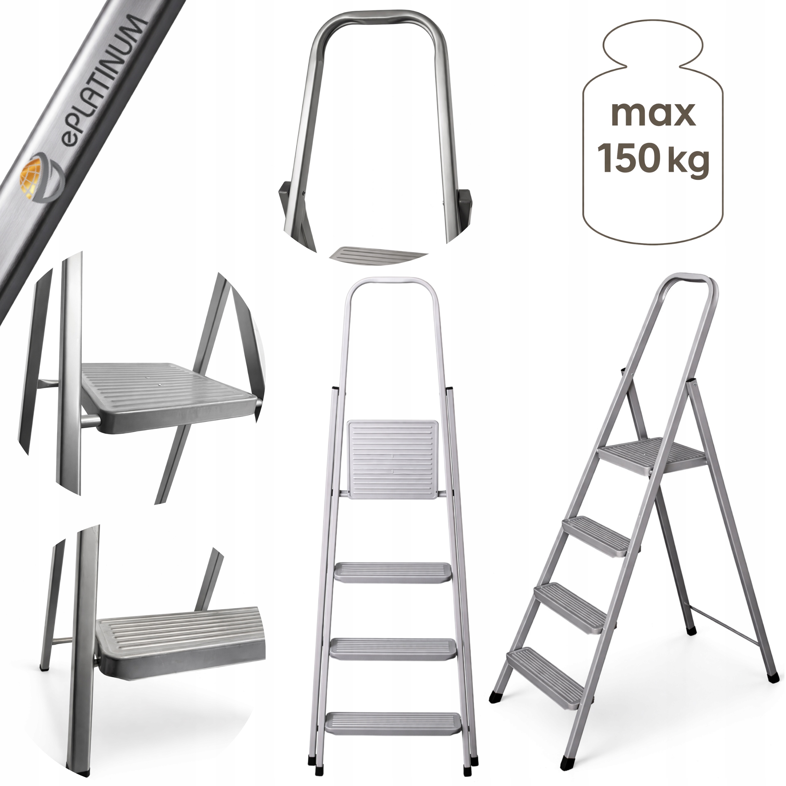 Žebřík ocelový 4stupňový skládací, šedý, jednostranný, 150 kg
