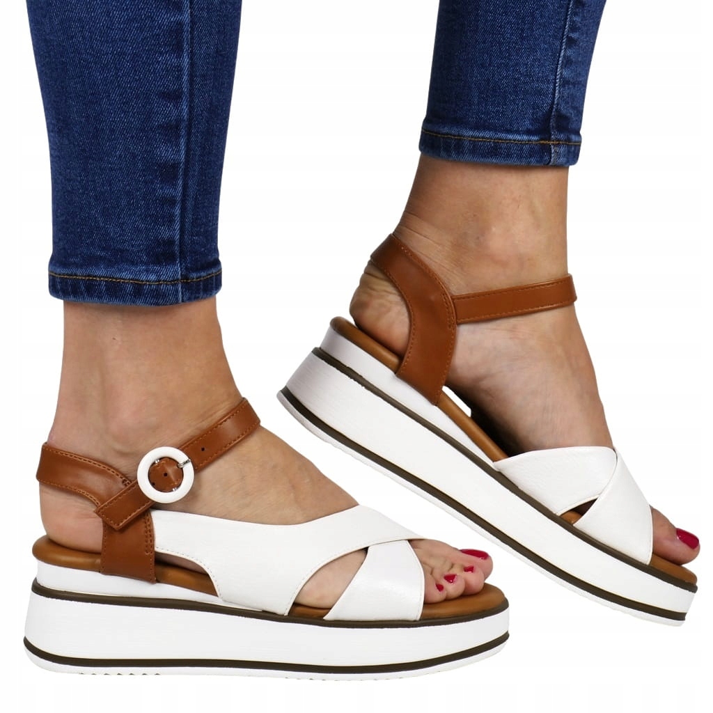 iButy Dámské Sandály Na Koturně Platformy Bílé Se Zapínáním Na Kotníku