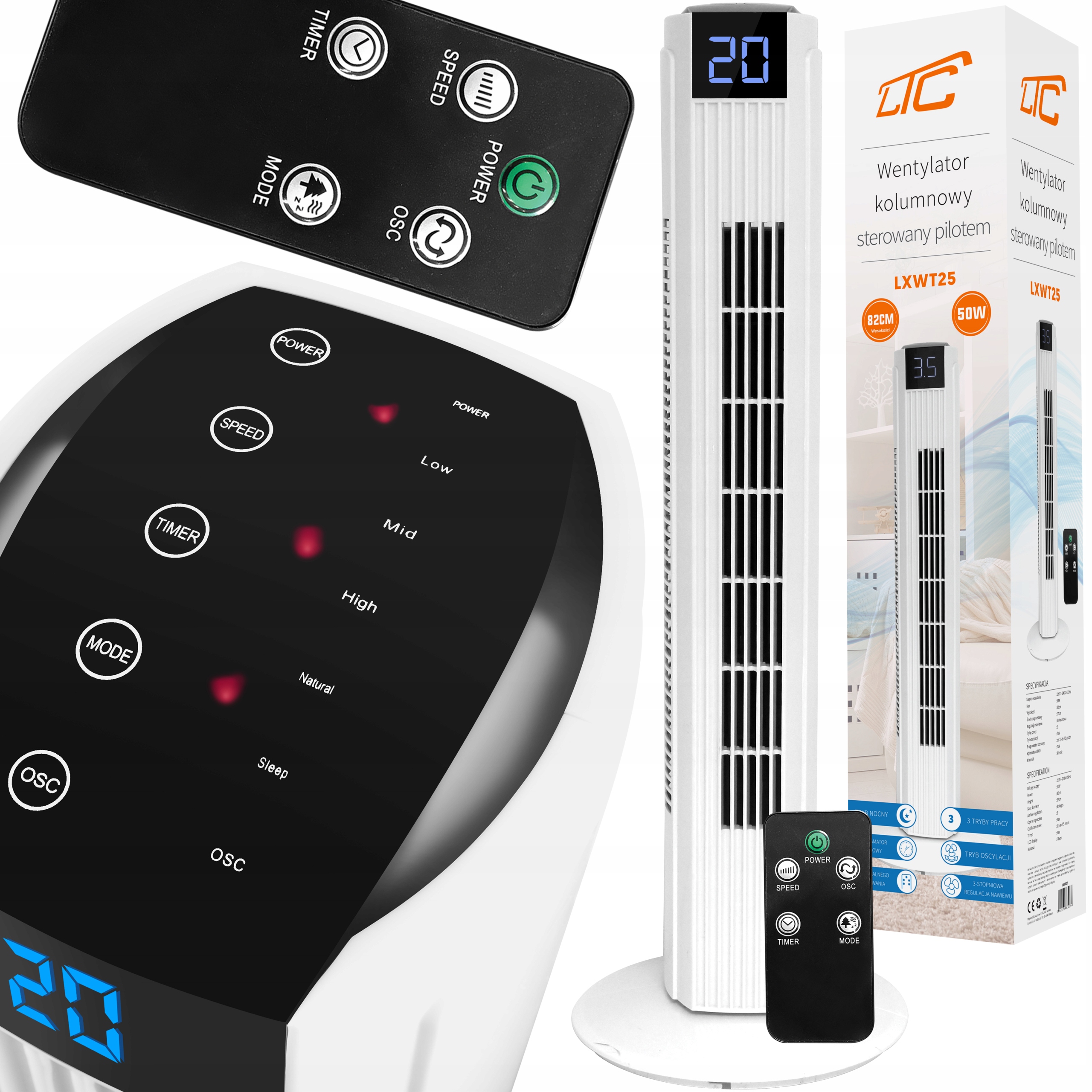 Sloupový Ventilátor Tichý 27 dB Stojanový Větrák Dálkový Ovladač Ionizace Dosah 12 M