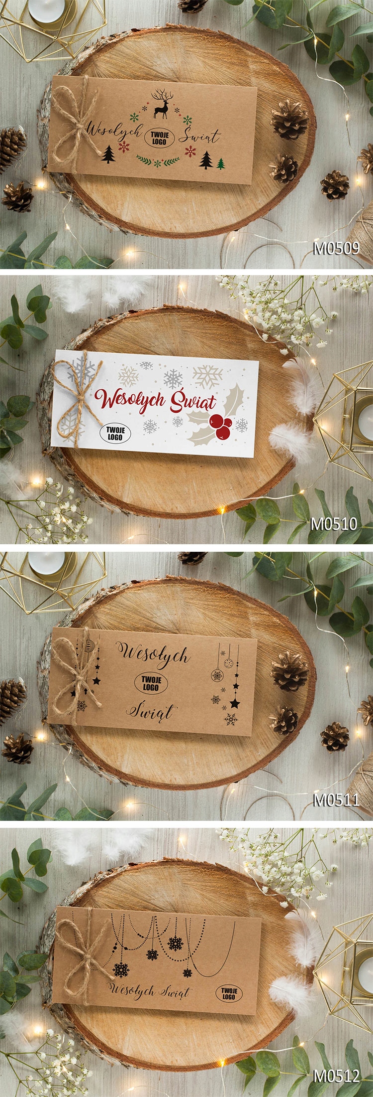 Życzenia świąteczne z firmowym logo dużo wzorów Wysokość produktu 9.9 cm