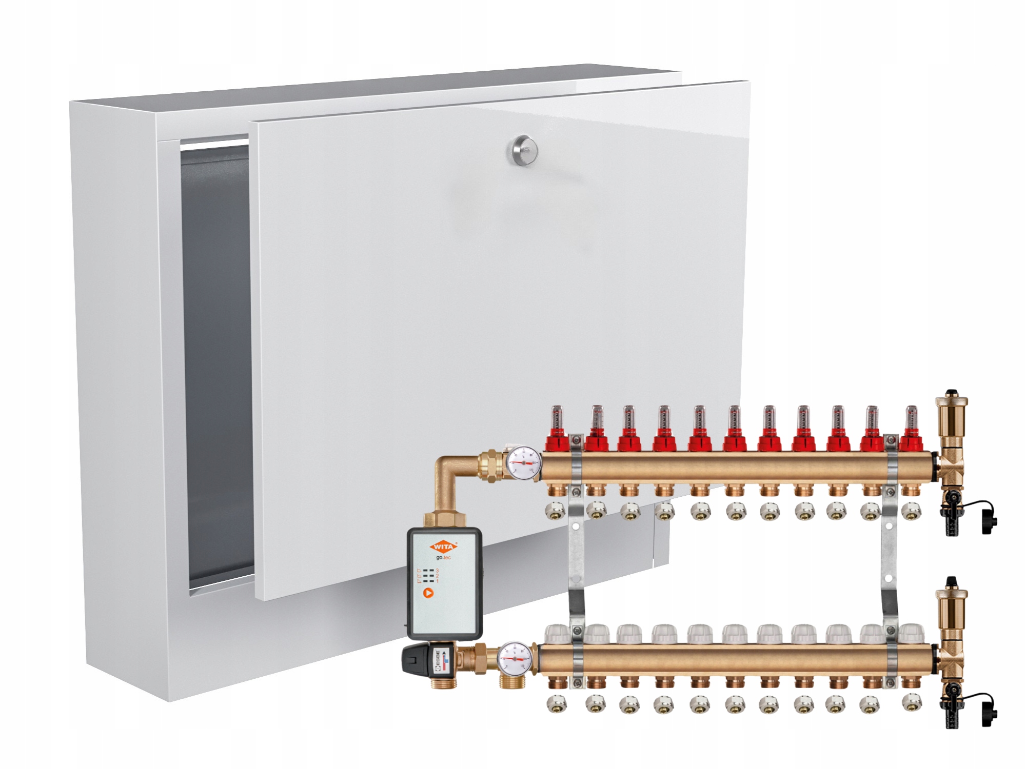 Mosazný Rozdělovač Podlahovky 11+ČERPADLO Vítá Go.tec+nástěnná Skříňka+pex