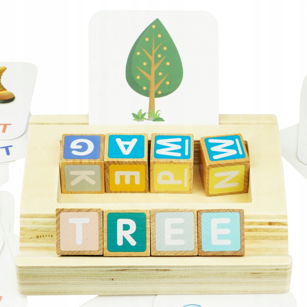 Karty językowe na drewnianej podstawce literowanie Płeć chłopcy dziewczynki