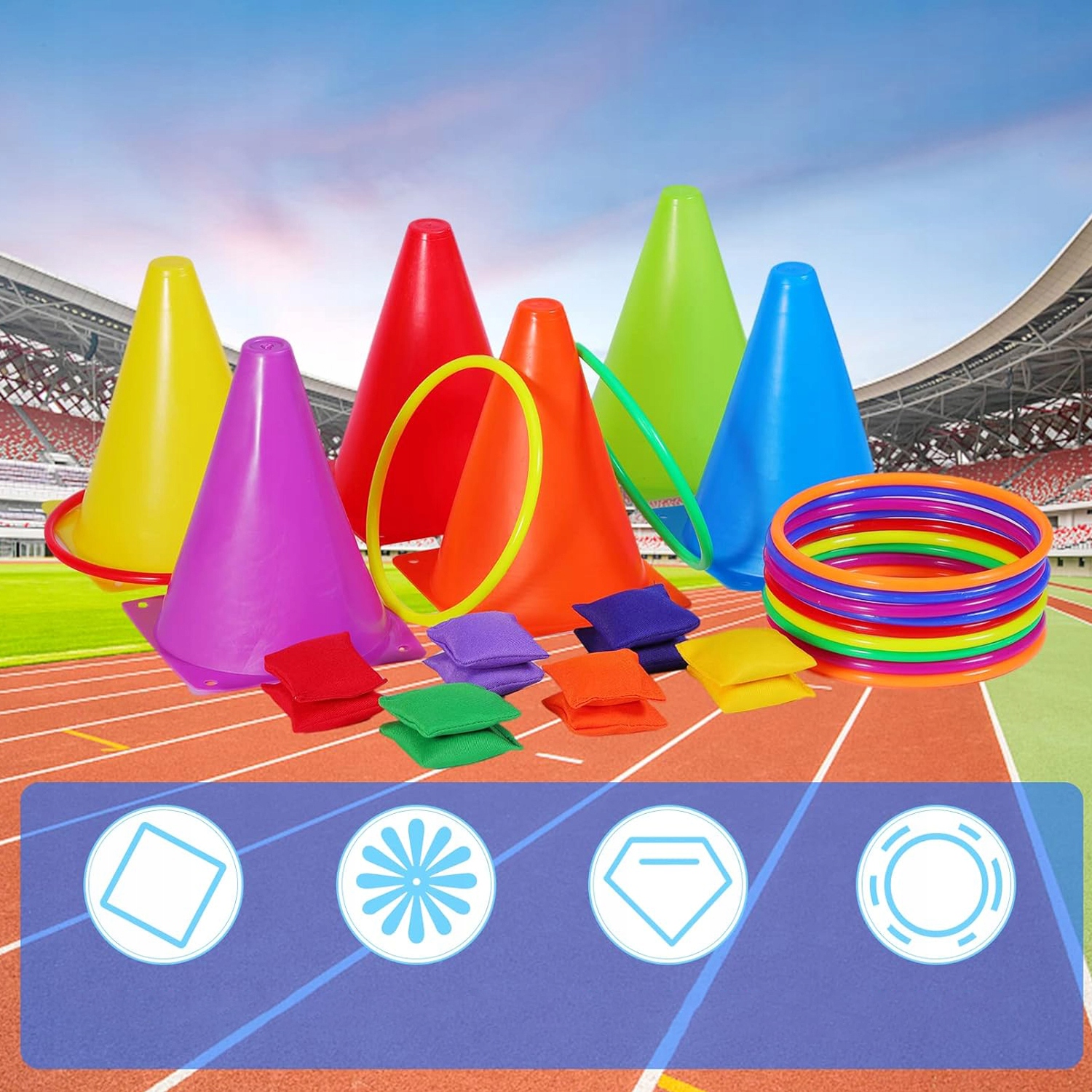 GRA ZRĘCZNOŚCIOWA RZUCANIE 3 W 1 MIĘKKIE PLASTIKOWE STOŻKI WORKI FASOLI Wiek dziecka 6 lat +