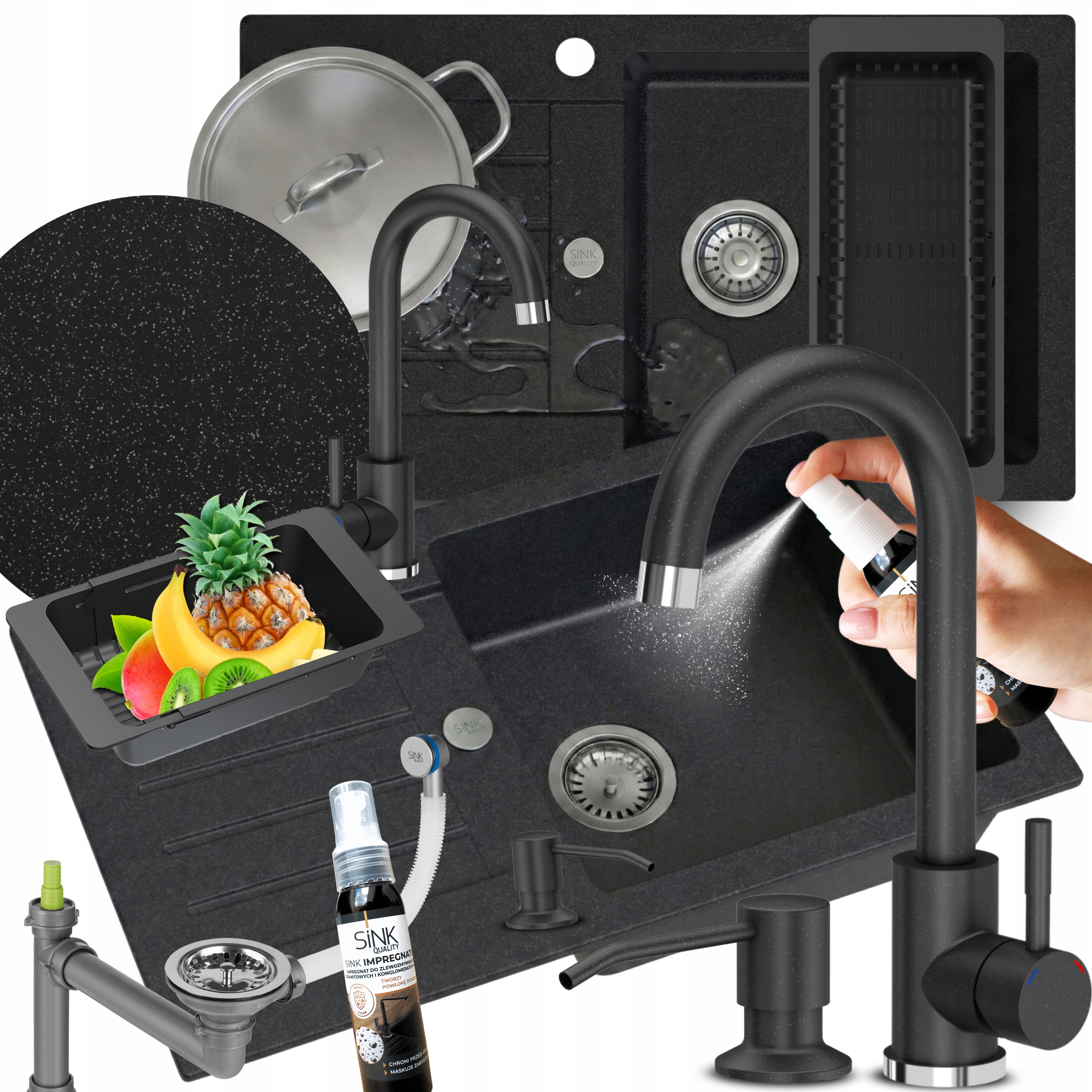 Dřez granitový Jednokomorový S Odkapávačem dřez Černý Metalik 10v1