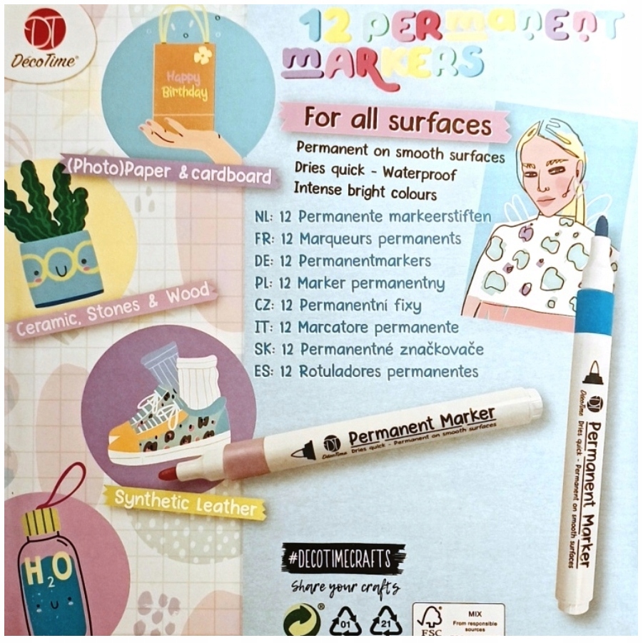 Markery do ceramiki, drewna, metalu, szkła, tekstyliów, permanentny 12 szt Marka DecoTime