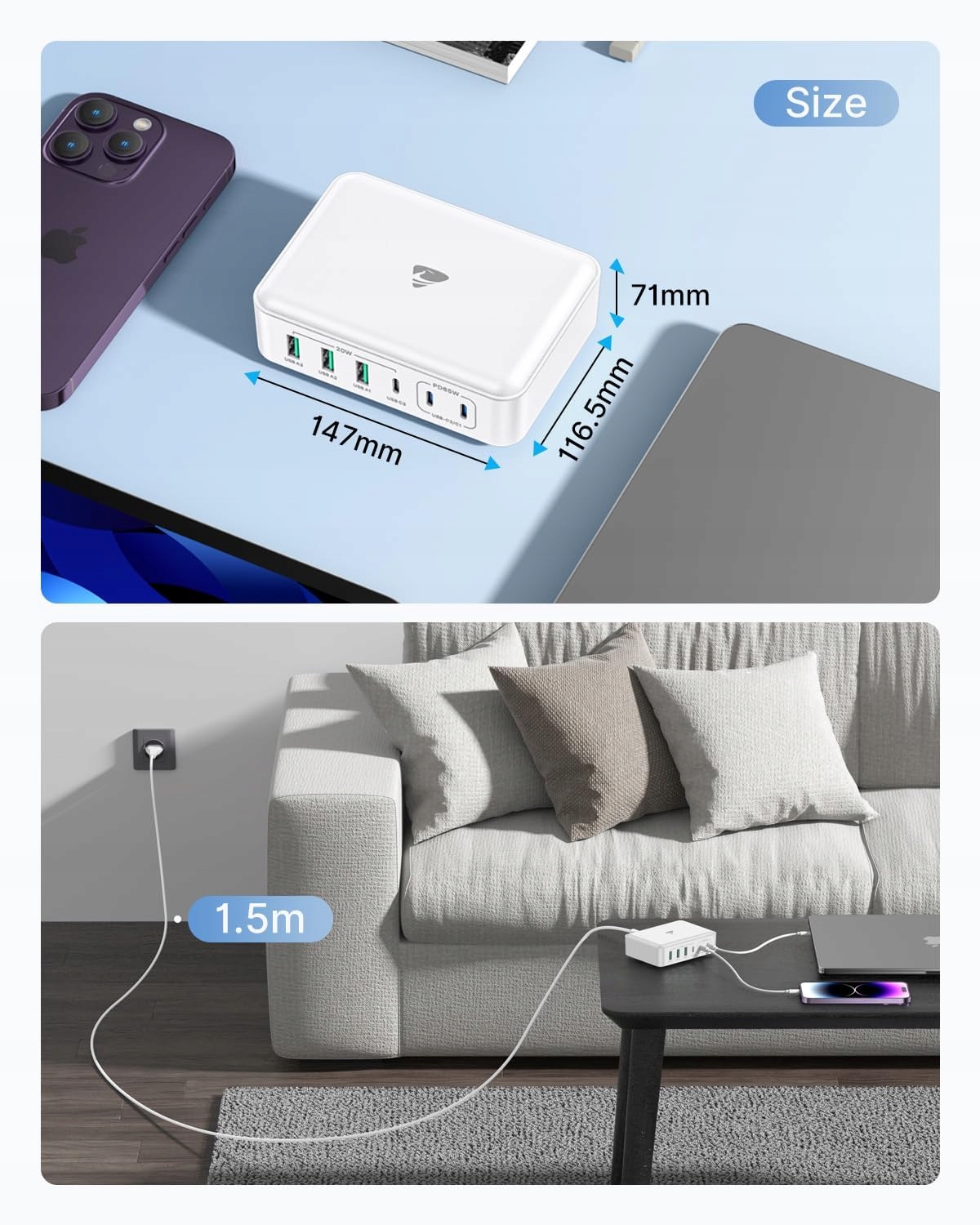 Aione 165W USB-C Ładowarka, 6-Port for iPhone, MacBook, Android — miniatura 4