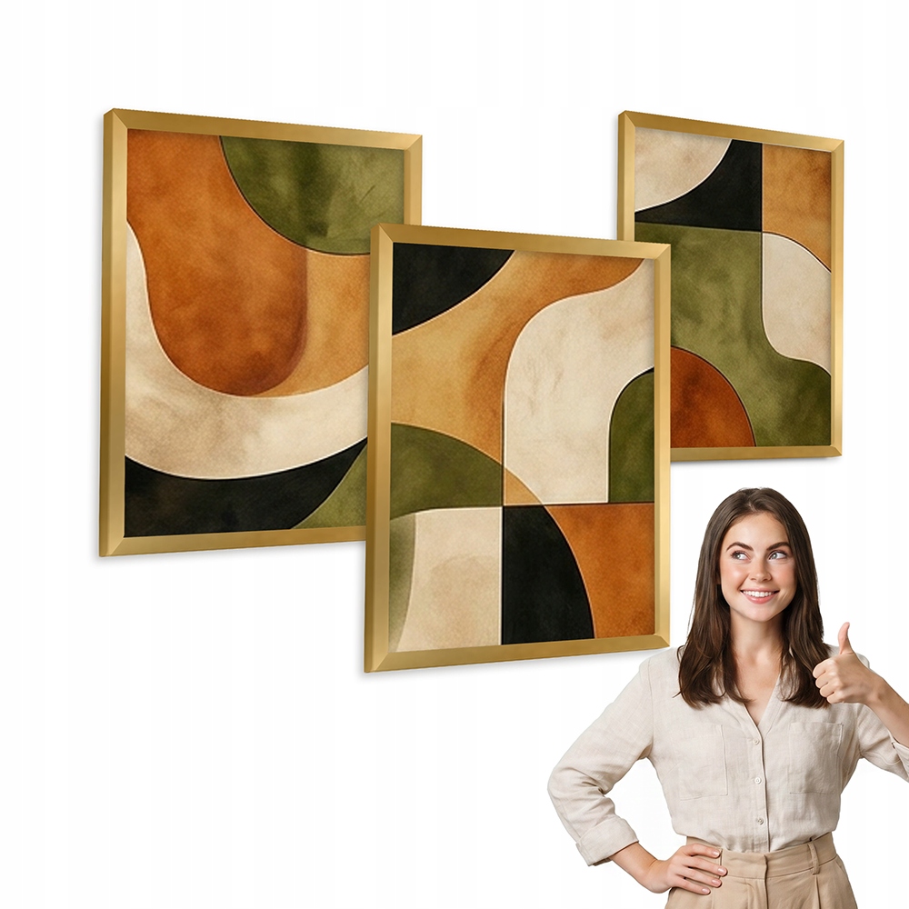 Sada 3 obrazov Abstrakcia Khaki A Bronz zlatý rám 50x70 do obývačky, kancelárie