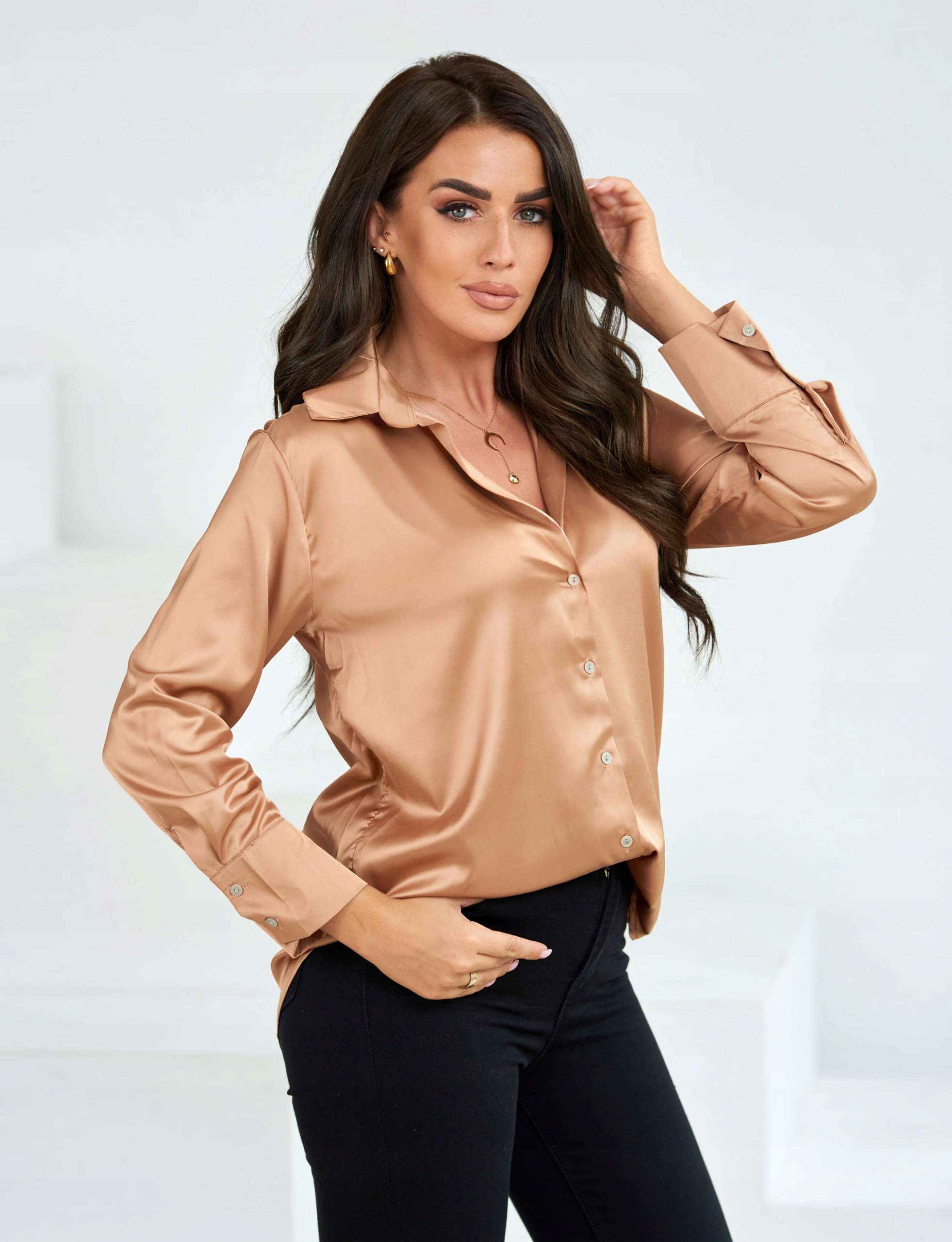 Luksusowa Elegancka KOSZULA SATYNOWA z Kołnierzykiem ZŁOTA 40_L Marka bez marki