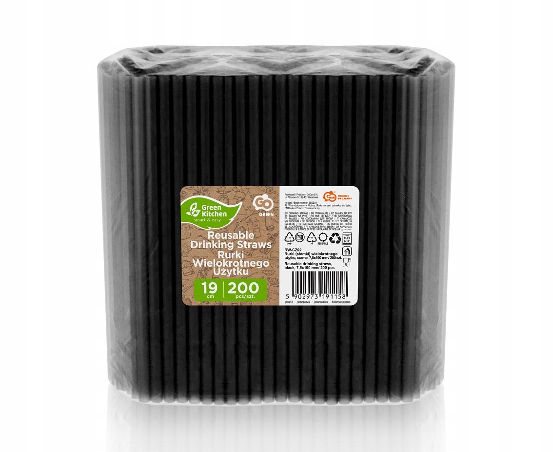 Słomki Rurki do Picia Wielorazowe Czarne do Zmywarki Grube EKO 200 szt. Materiał plastik