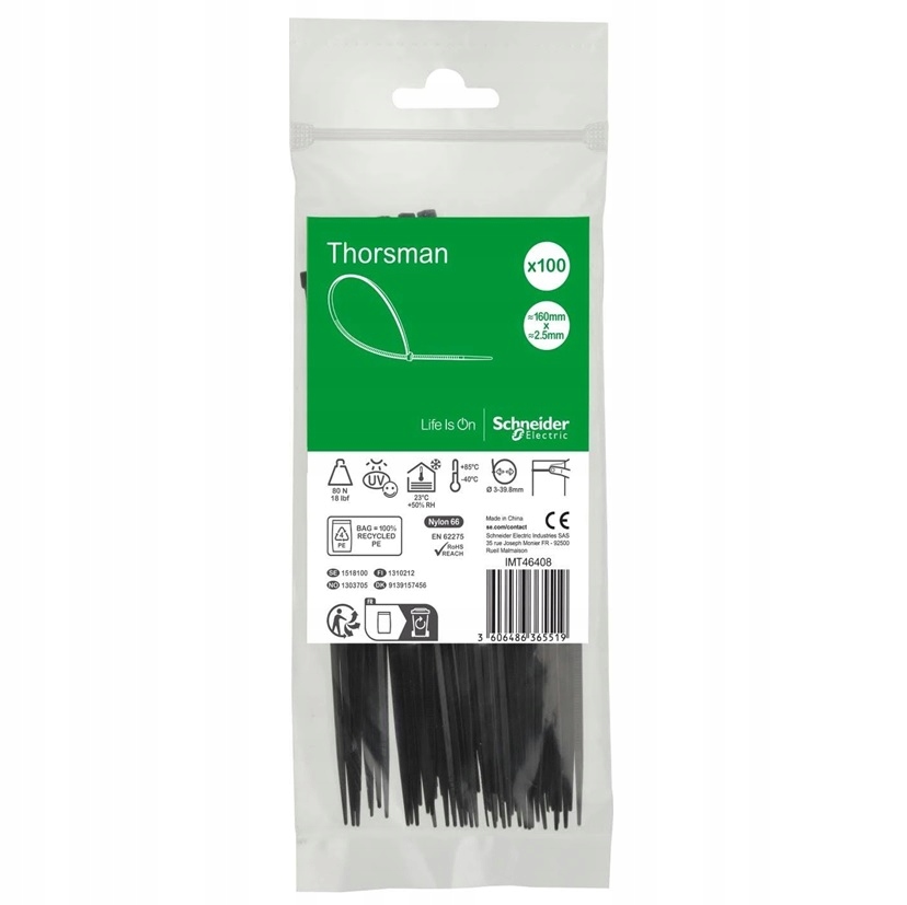Opaska kablowa 160x2,5mm Czarna zacisk Schneider Thorsman IMT46408 /100szt/